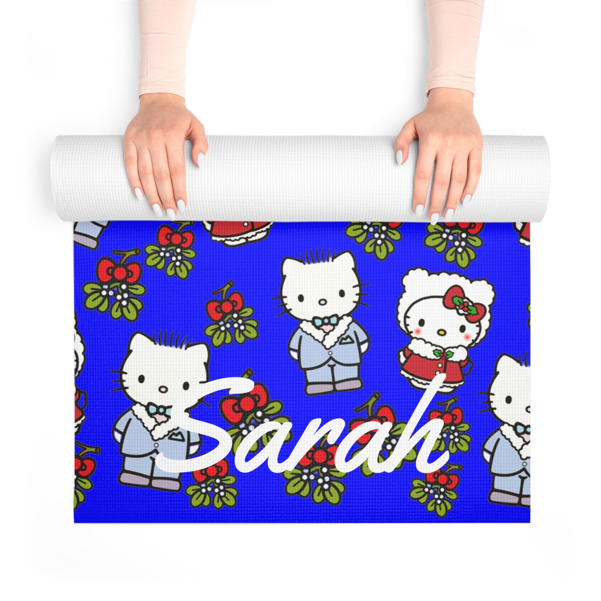 Custom name foam yoga mat kitty wedding valentine blue