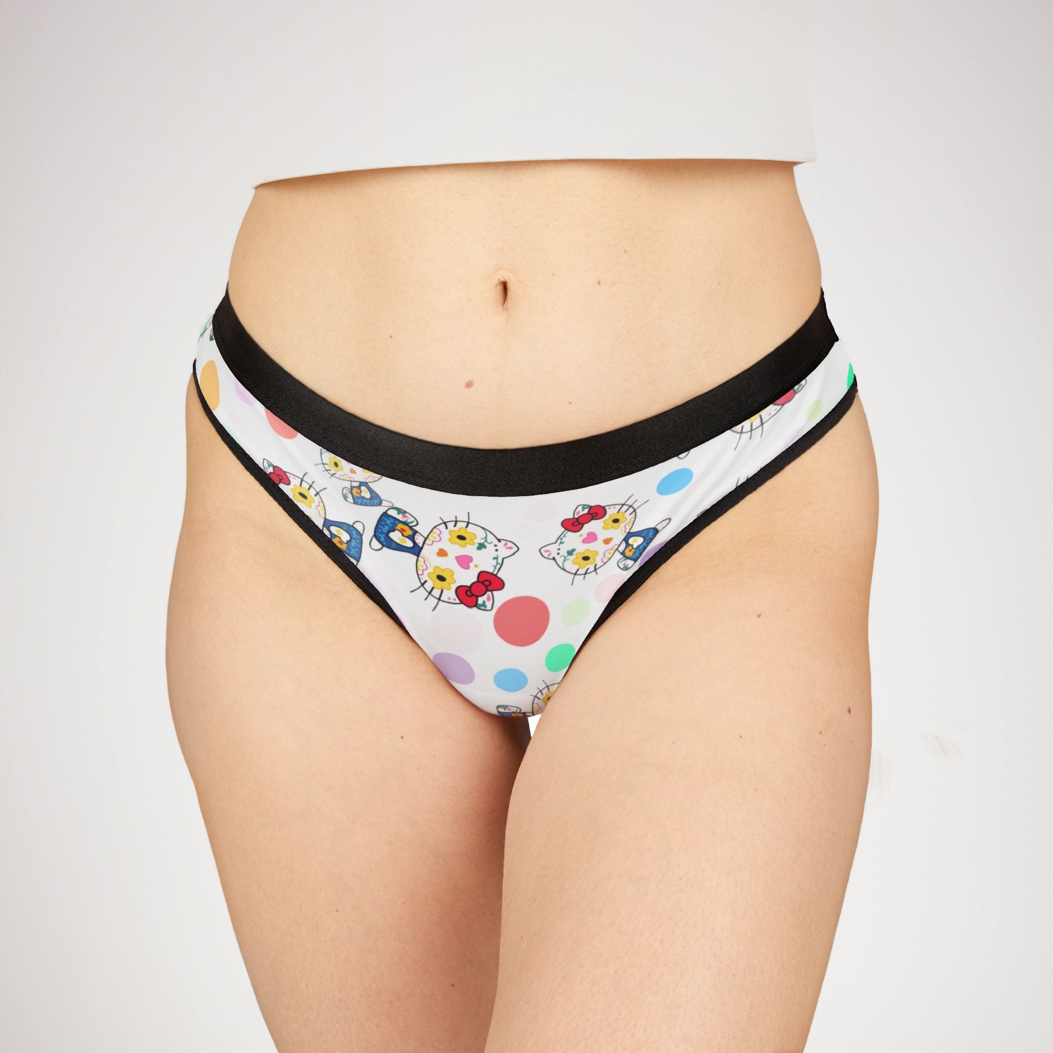 Women's thongs kitty flower polka dots white