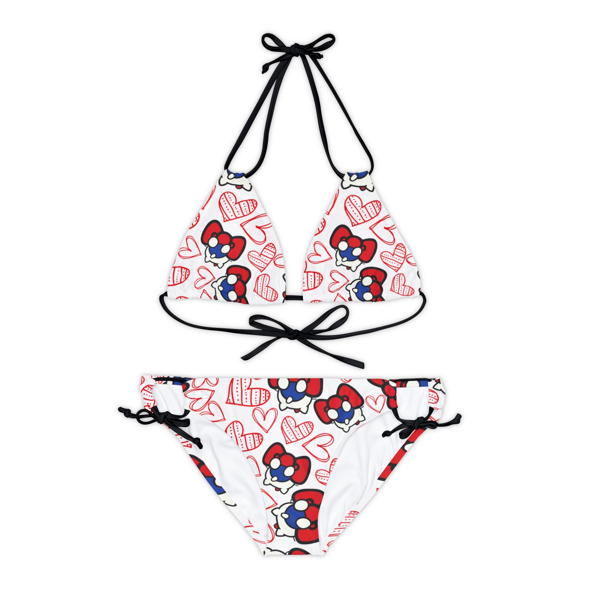 Strappy bikini set cherry kitty back heart white