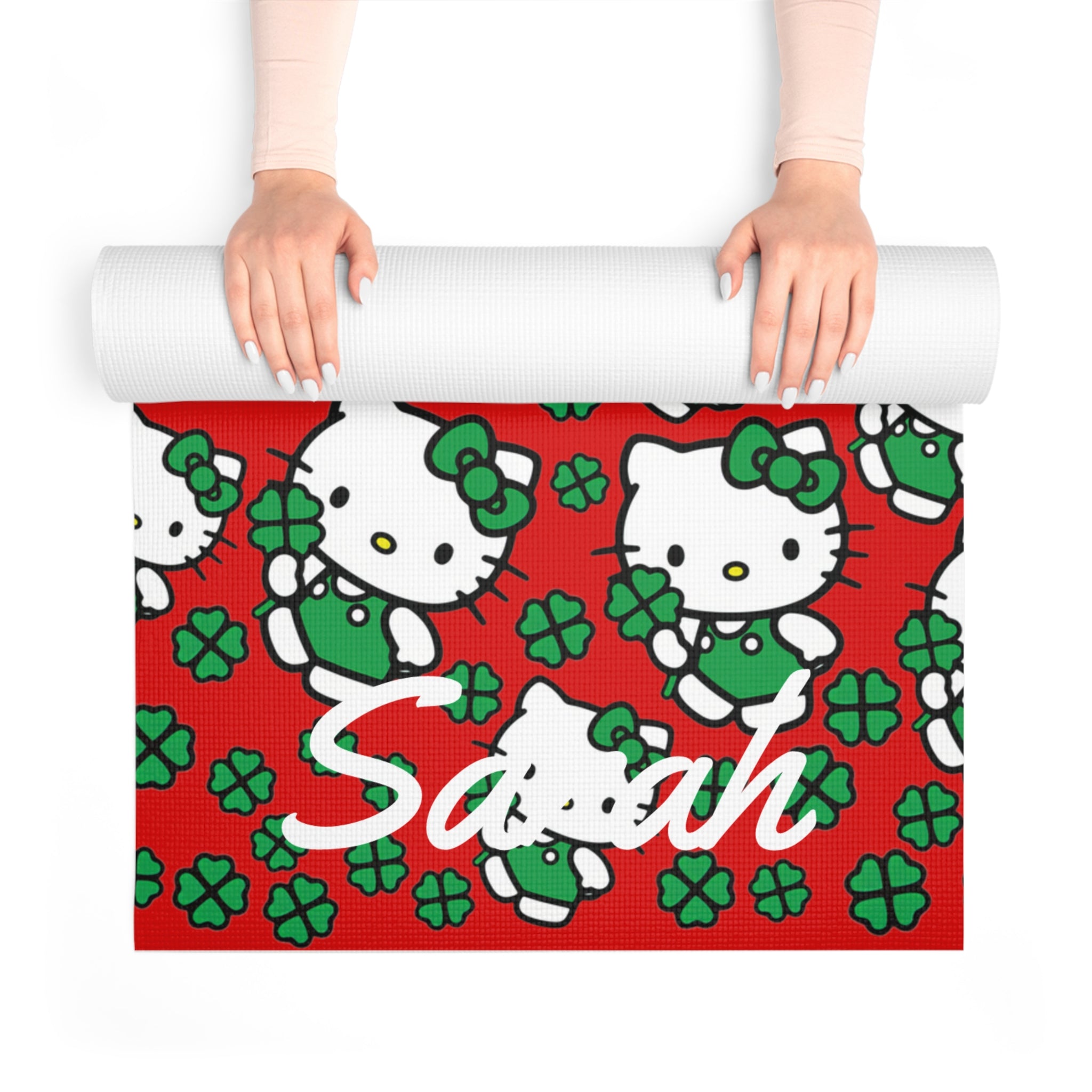 Custom name foam yoga mat kitty saint patrick lucky red