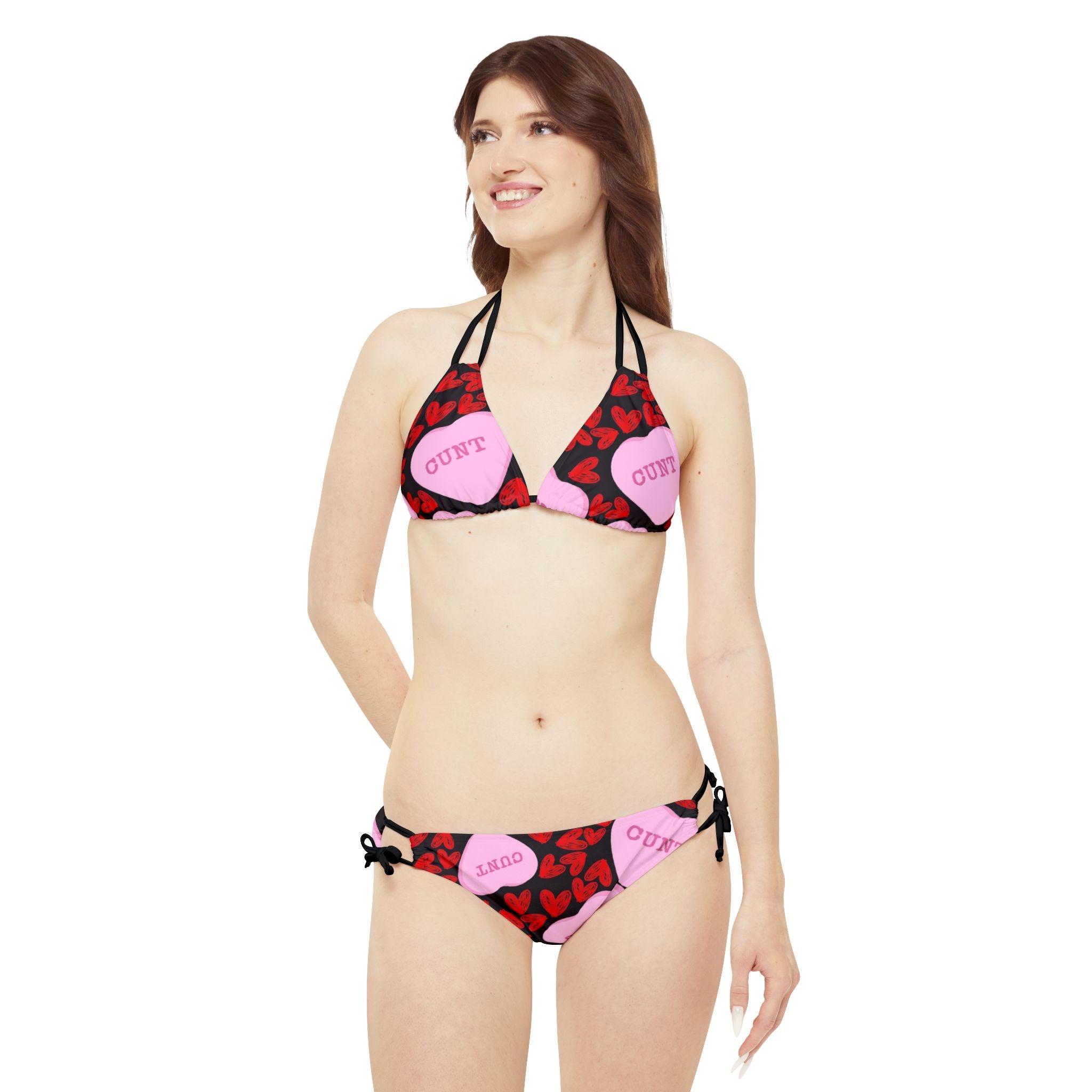 Strappy bikini set cunt candy heart shape message black