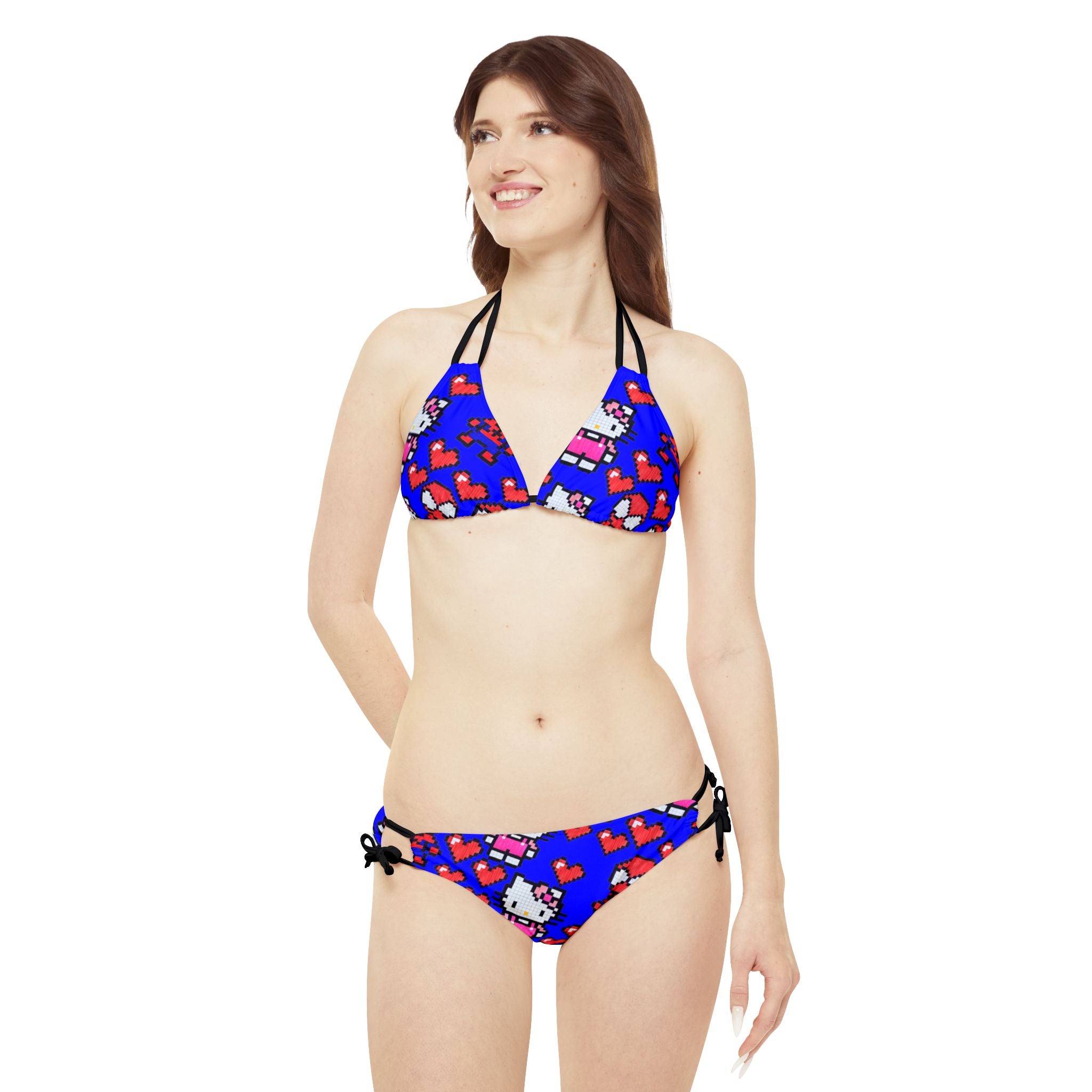 Strappy bikini set spider kitty pixel heart love valentine blue