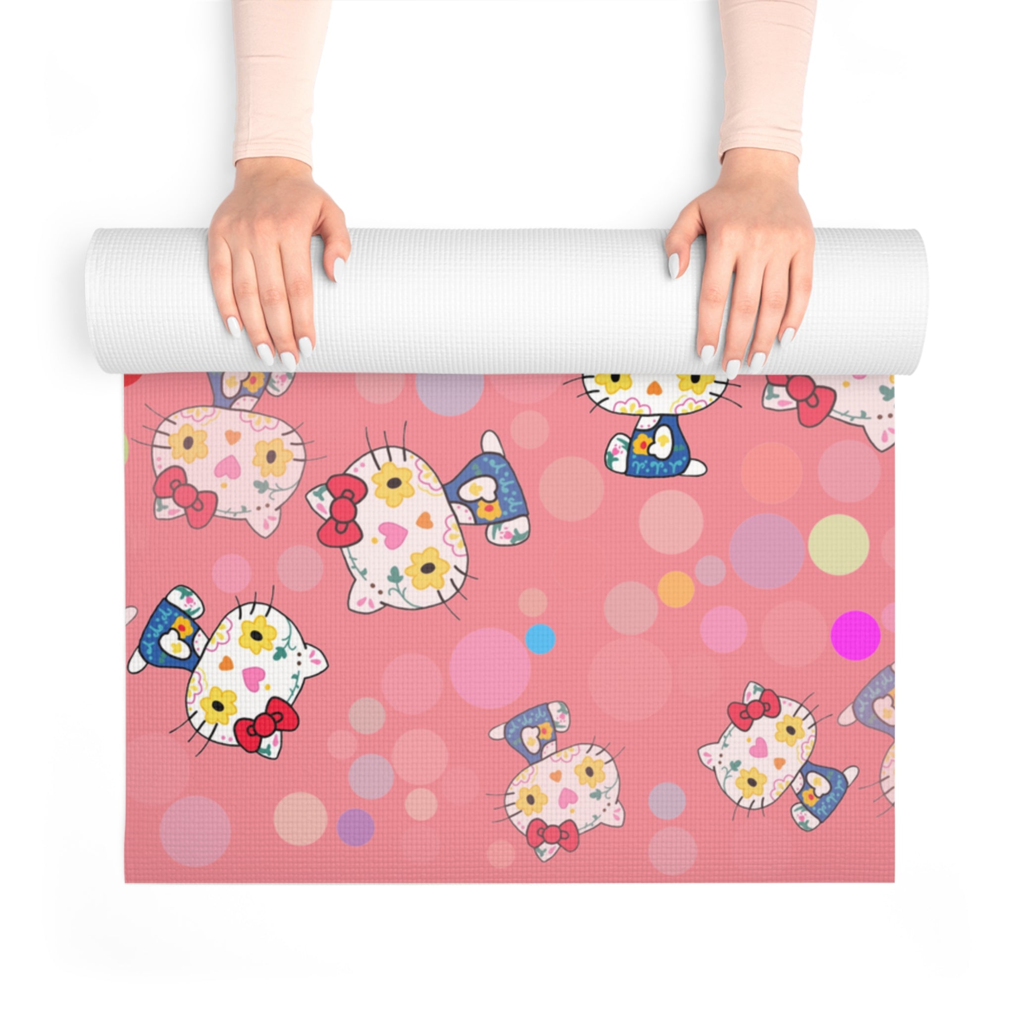 Foam yoga mat kitty flower polka dots pink