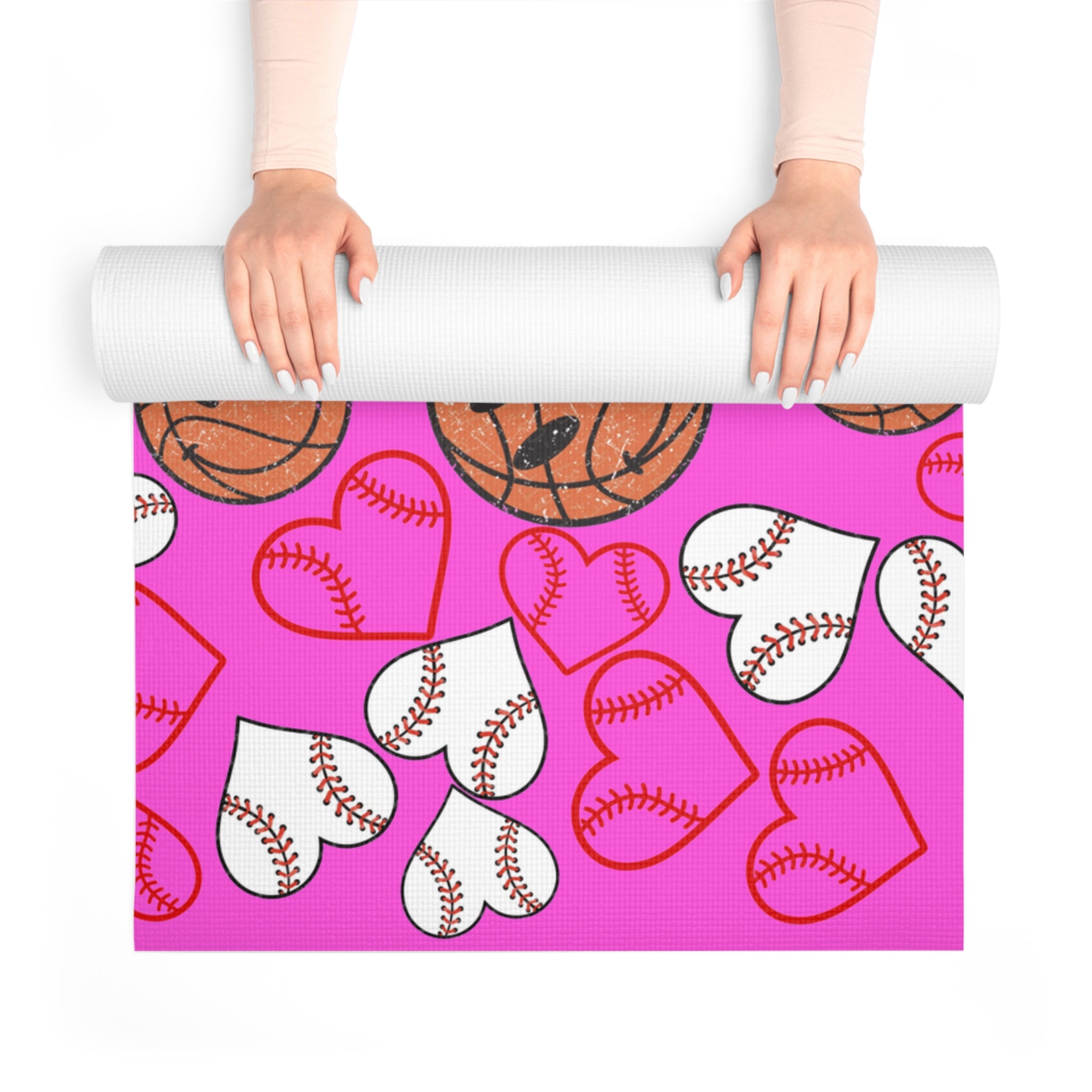 Foam yoga mat basketball hearts valentine pink