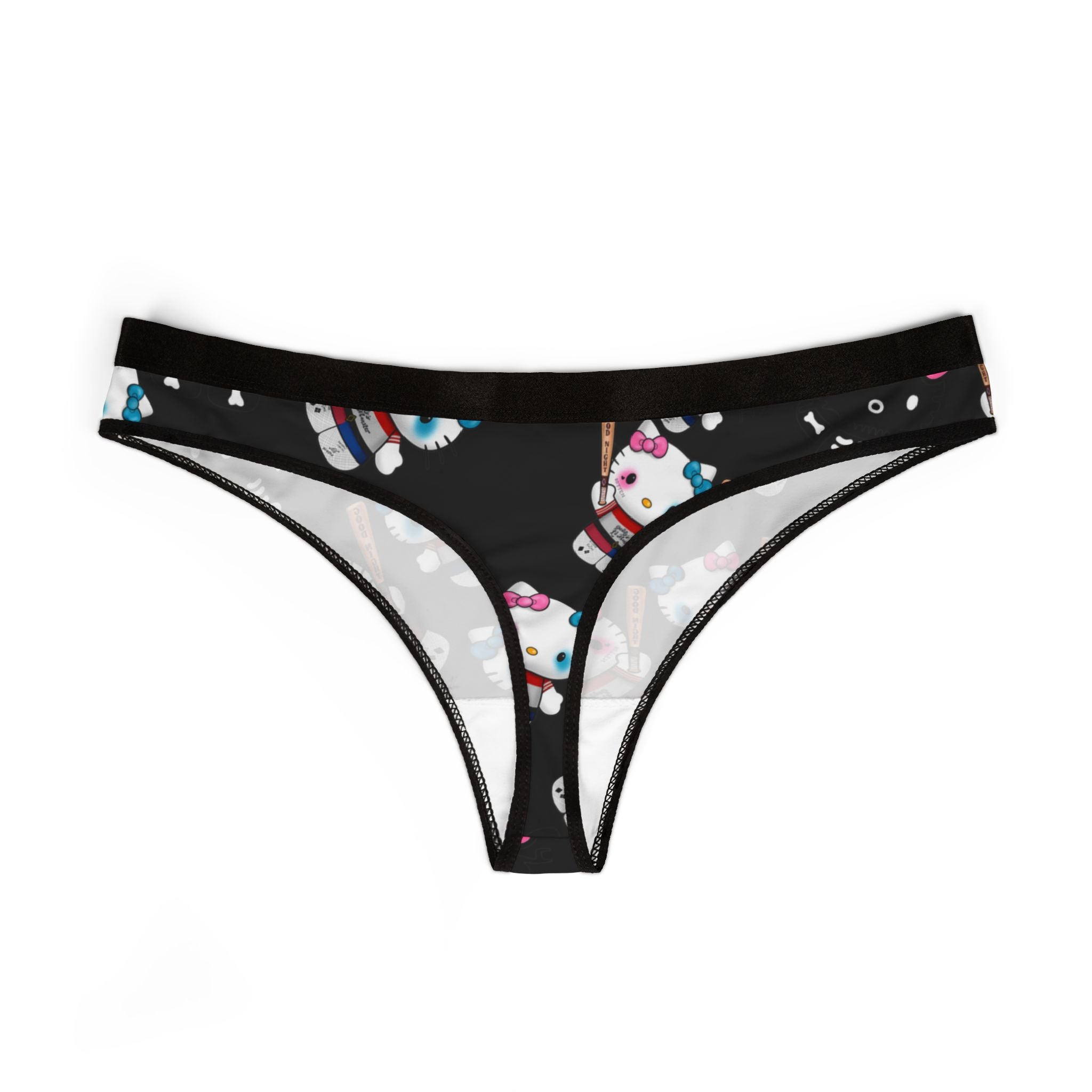 Women's thongs kitty monster Halloween bone black