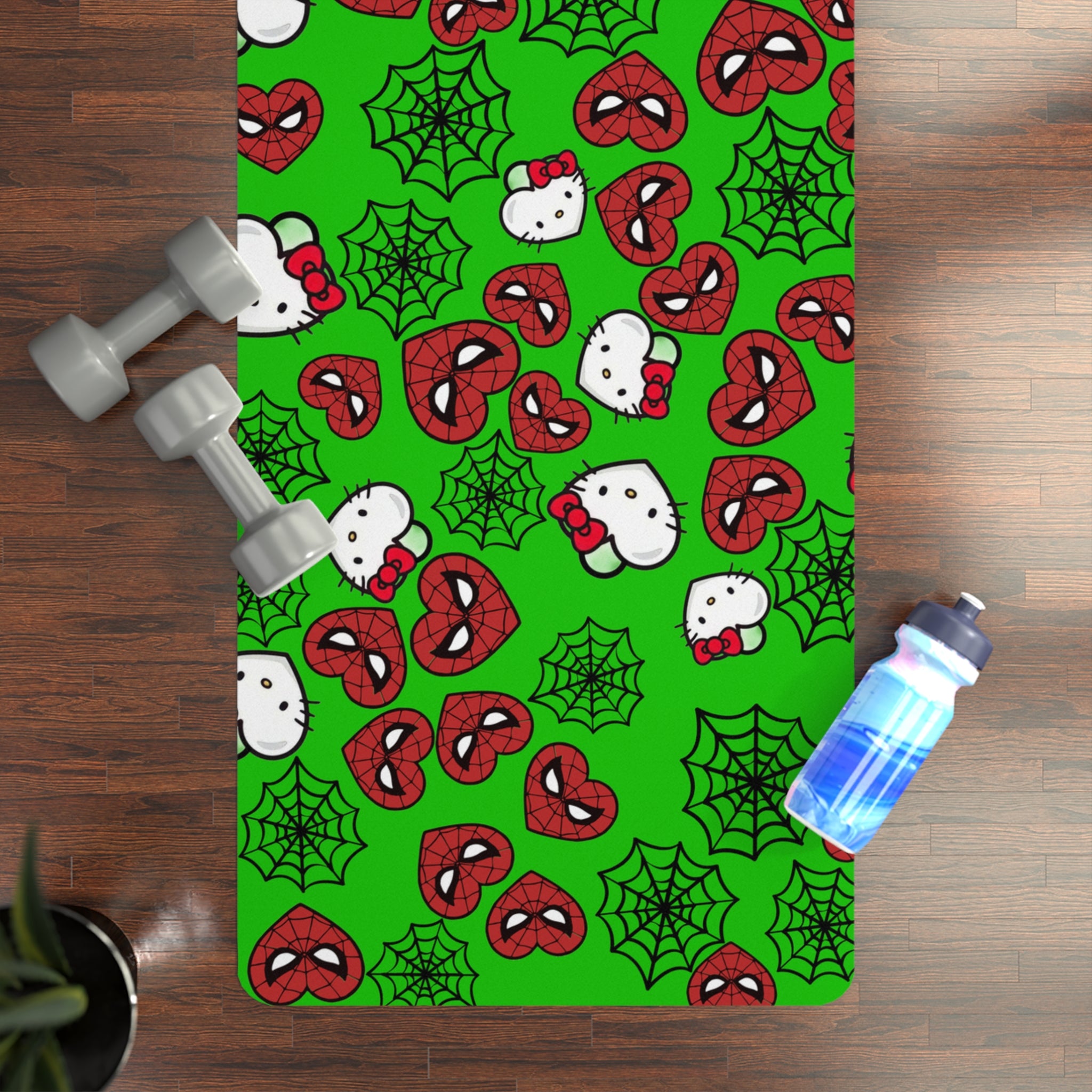 Rubber yoga mat kitty spider web heart green