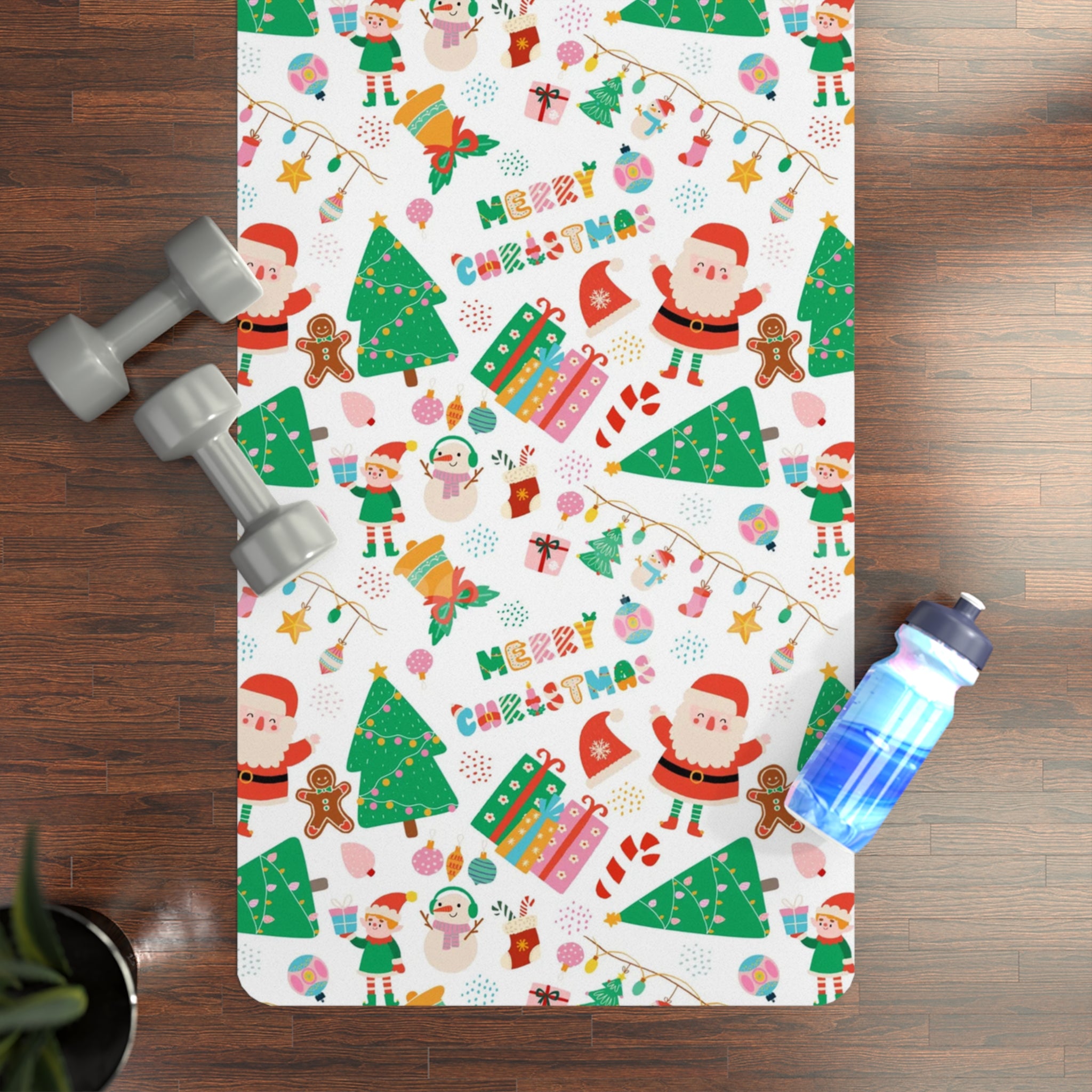 Rubber yoga mat pastel santa christmas trees white