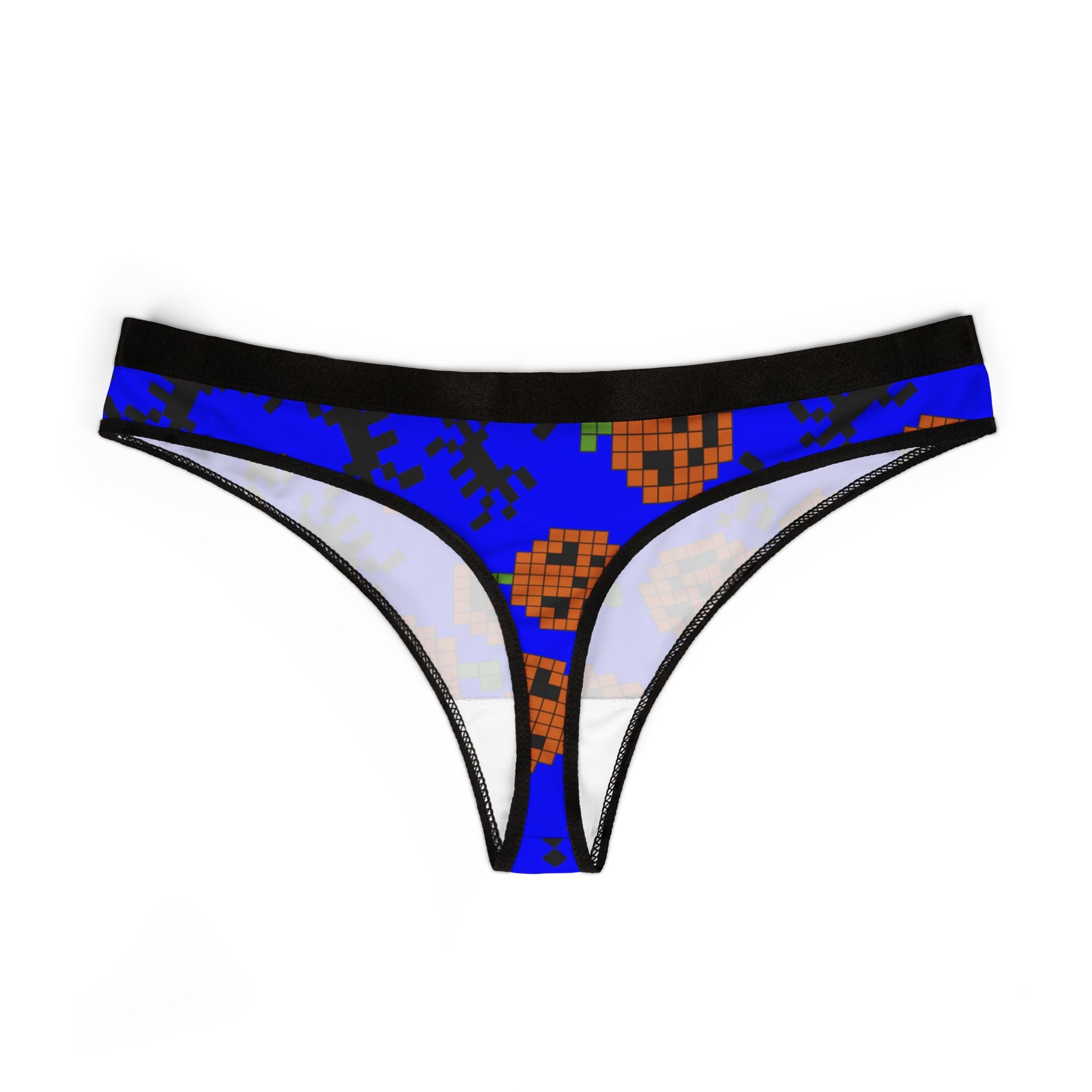 Women's thongs pumpkin spider pixel halloween blue