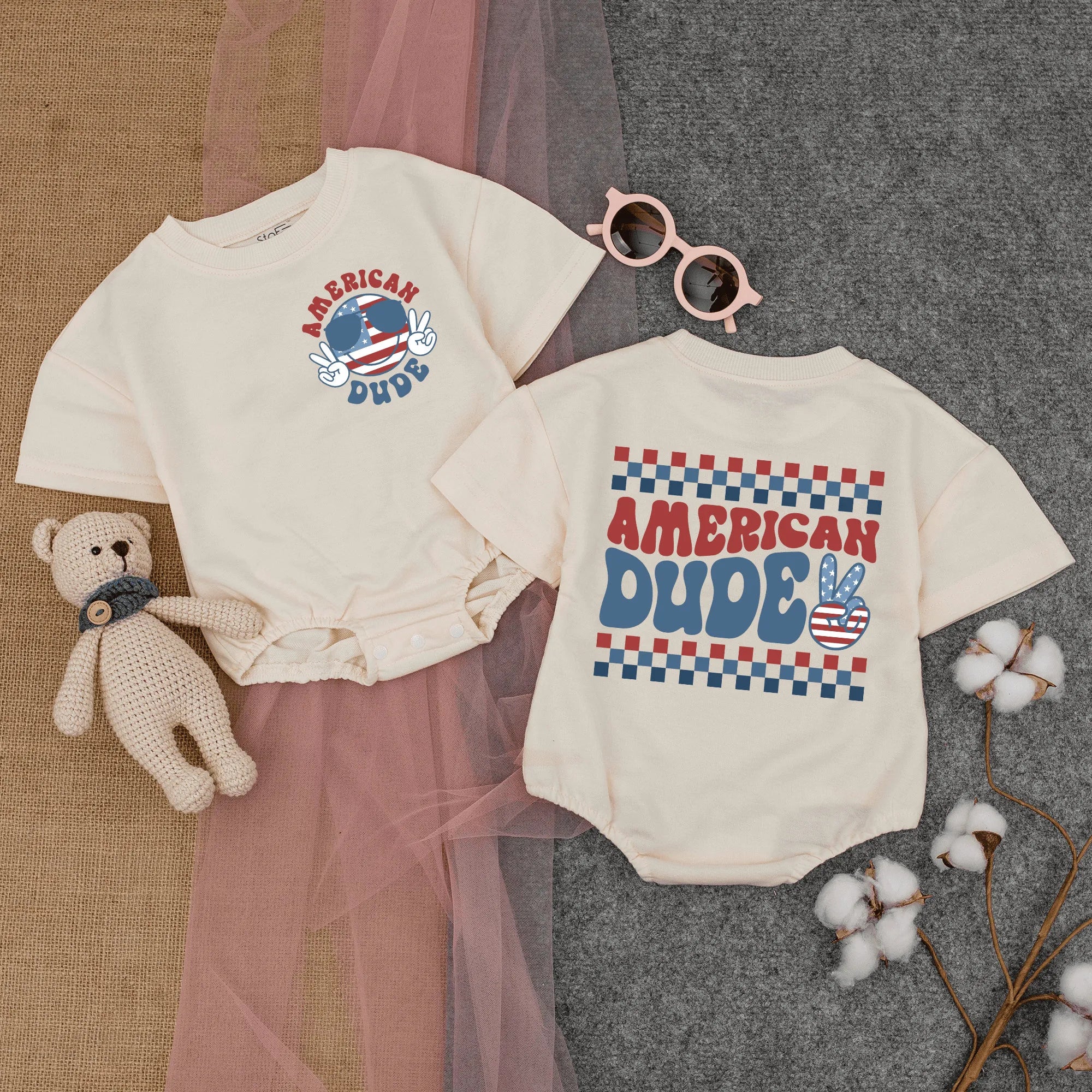 American Dude Baby Romper Short - Sleeve, Retro Patriotic Bodysuit, Cute Fourth of July Baby, Baby Clothing, american baby outfit