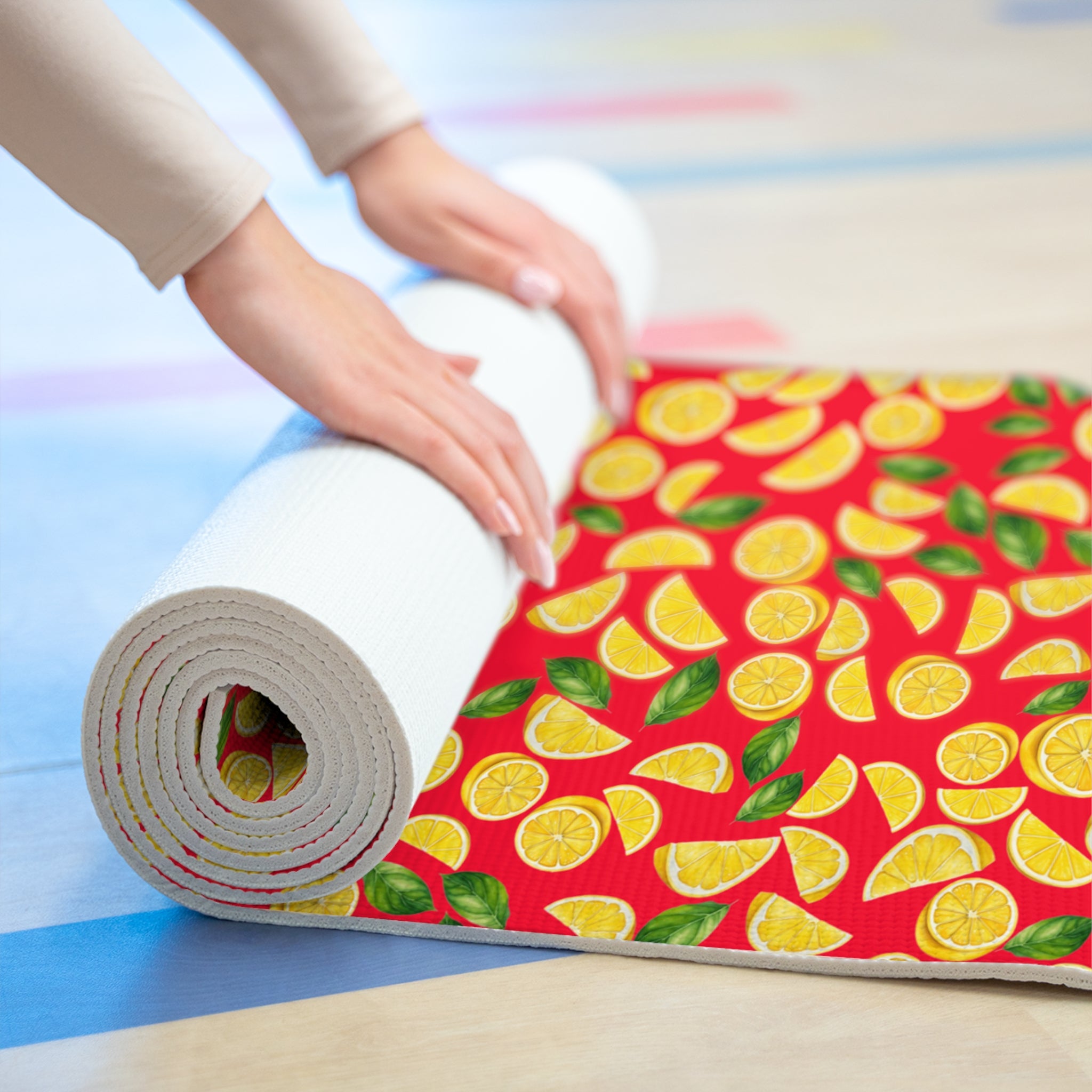 Foam yoga mat lemon and leaves red