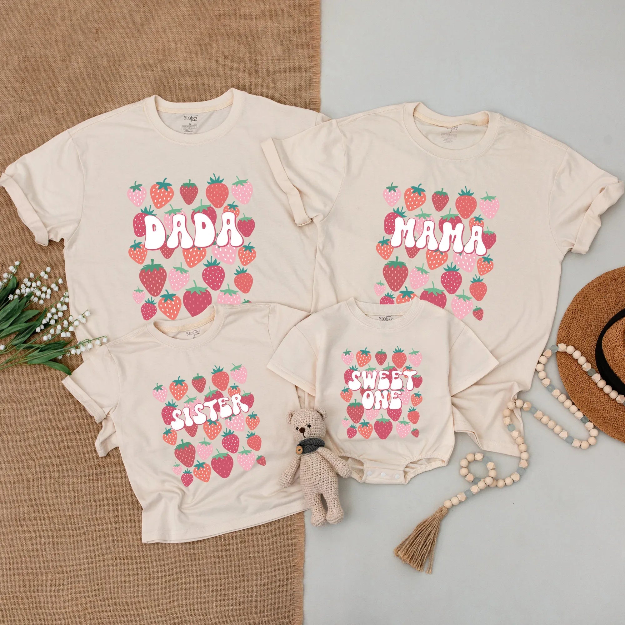 Sweet Berry First Birthday Family Matching T-Shirt: Strawberry Birthday Romper Outfit
