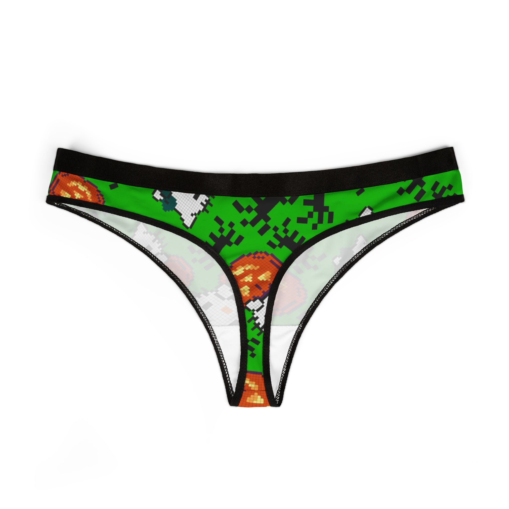 Women's thongs kitty pumpkin Halloween pixel spider green