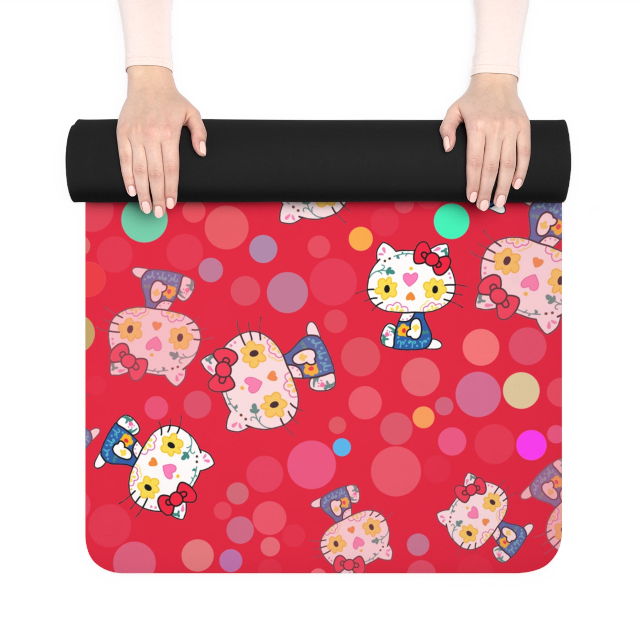 Rubber yoga mat kitty flower polka dots red