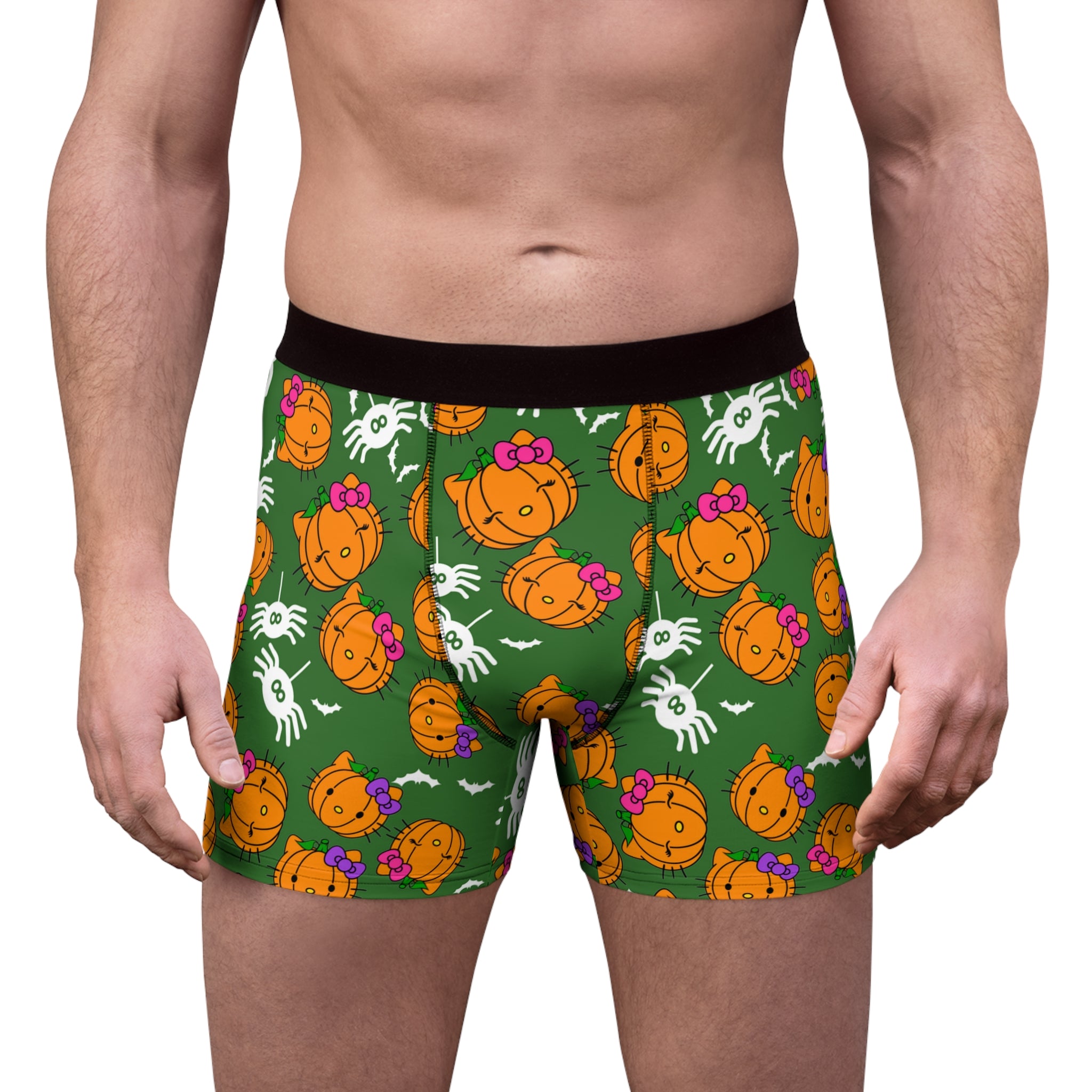 Men's boxer briefs double pumpkin kitty Halloween green