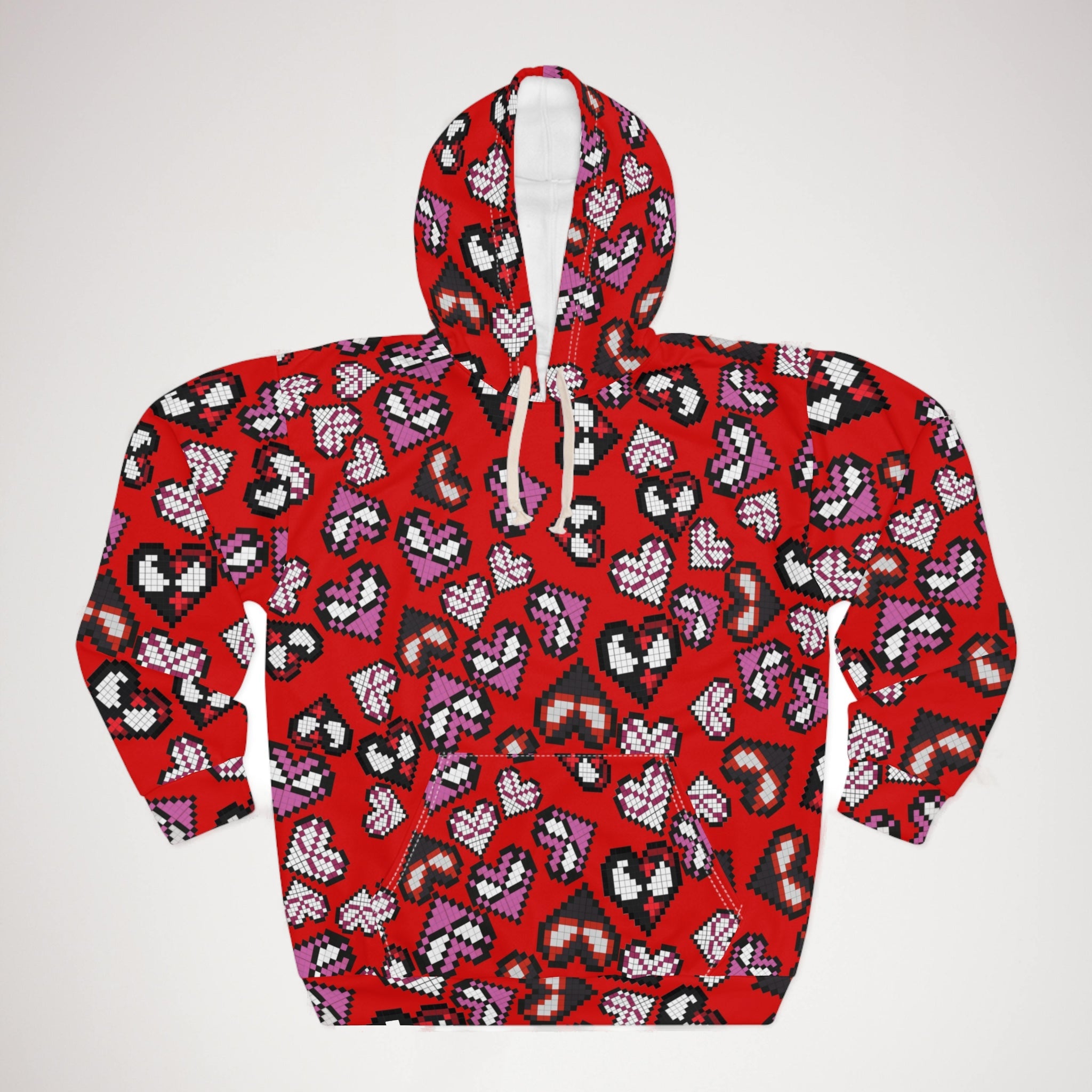 Unisex pullover hoodie spider hearts pixel red