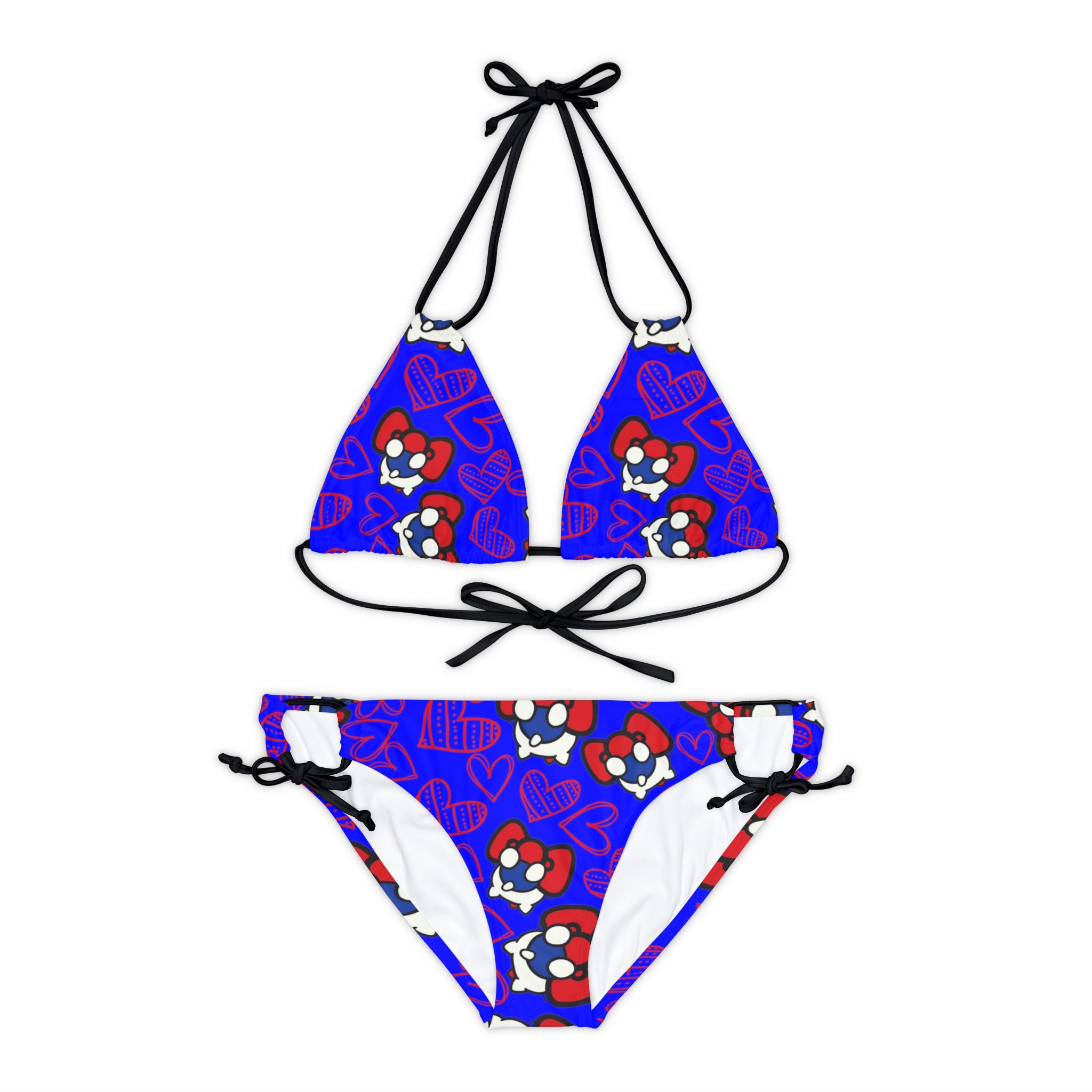 Strappy bikini set cherry kitty back heart blue