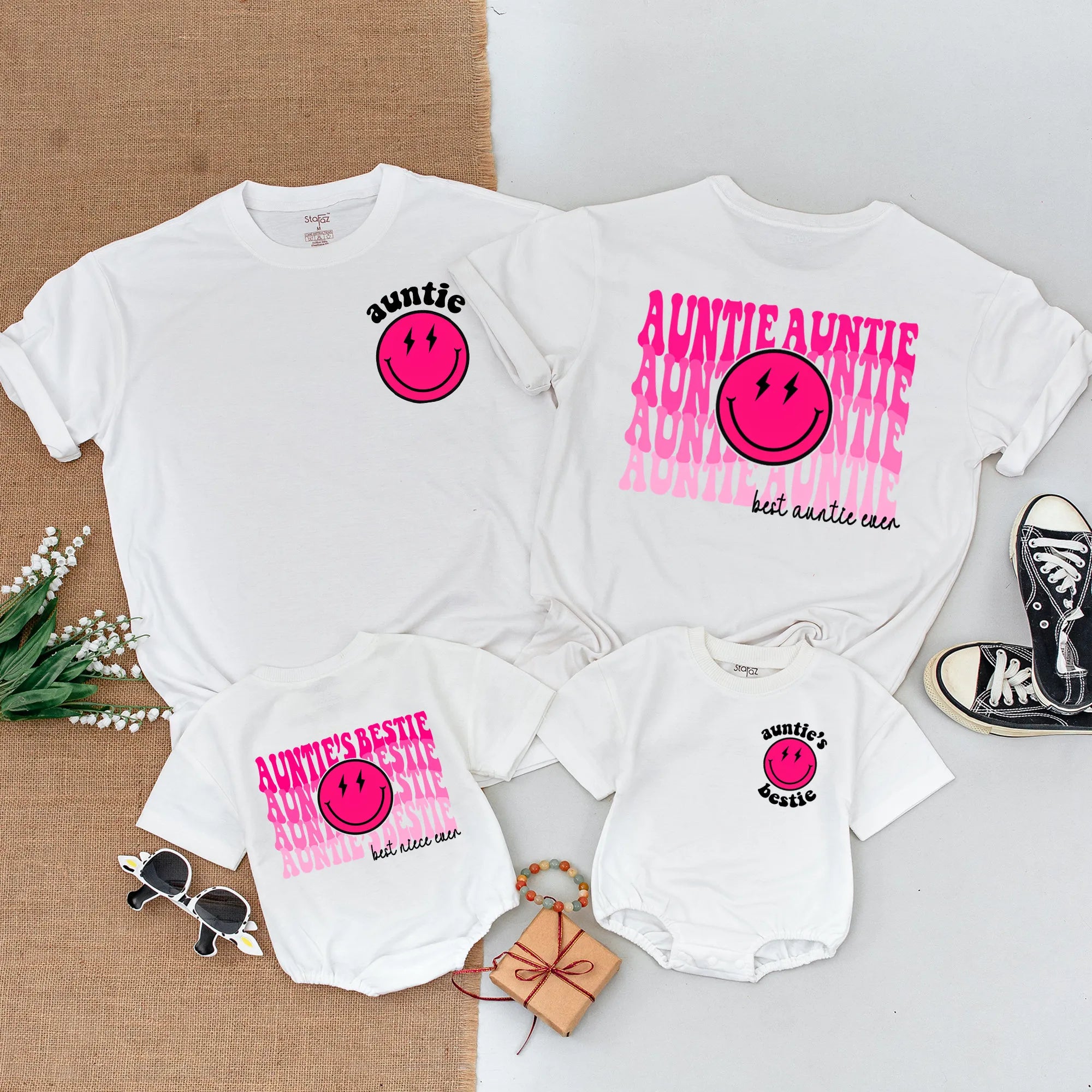 Personalized Auntie And Aunties Bestie T-Shirt: Auntie Matching Baby Romper Gift