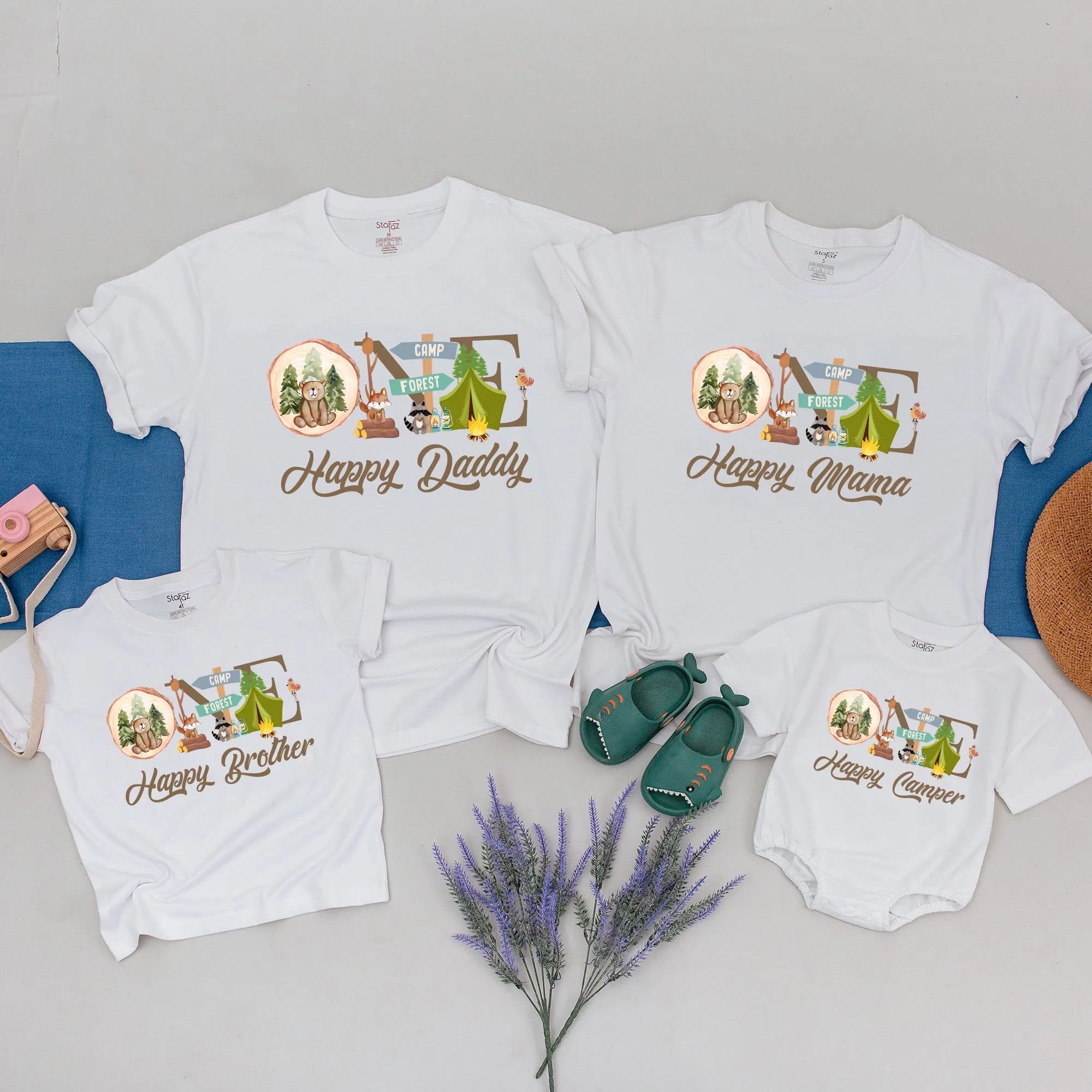 One Happy Camper Birthday T-Shirt: Mqatching Family Camping 1st Birthday Romper Outfit