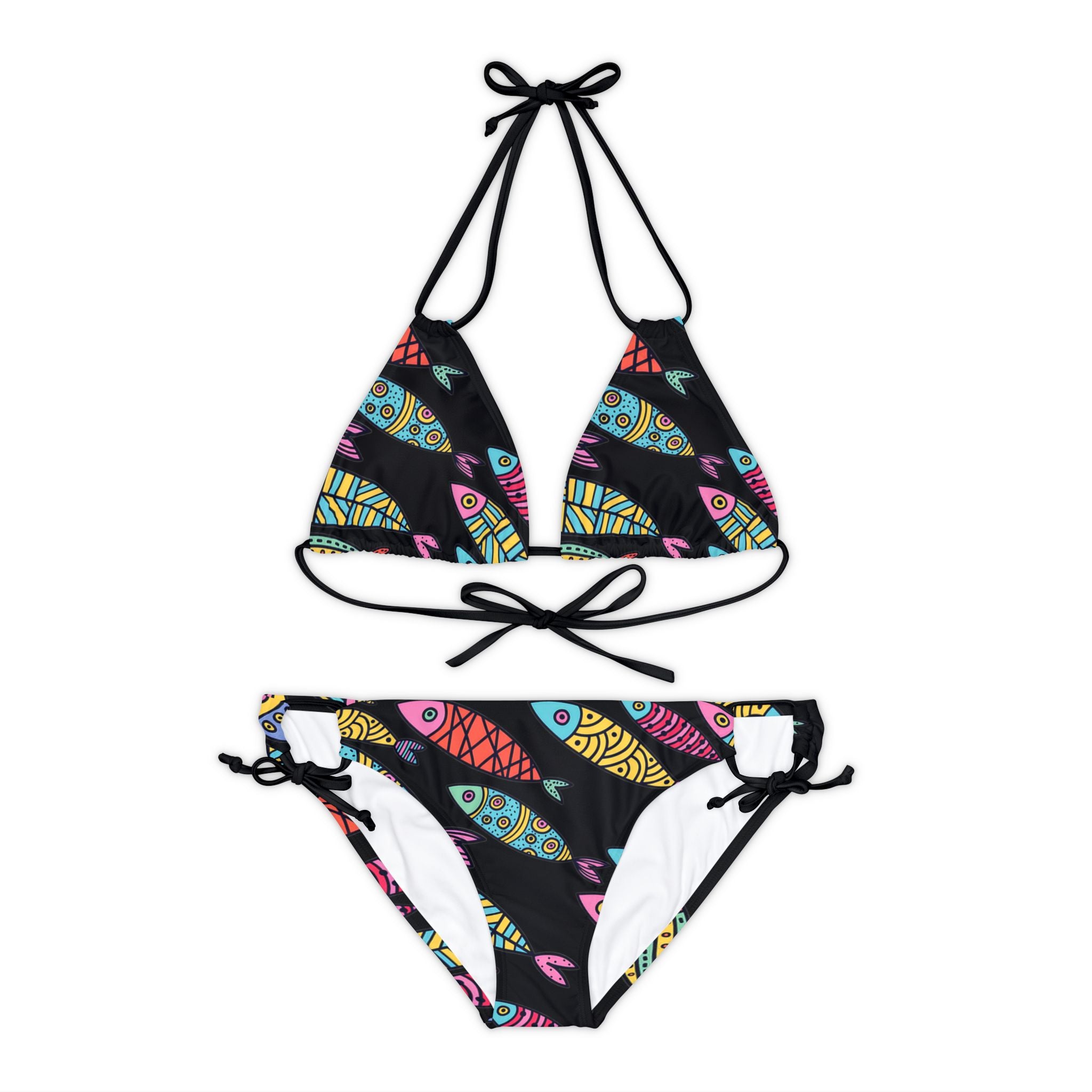 Strappy bikini set cute fishes black