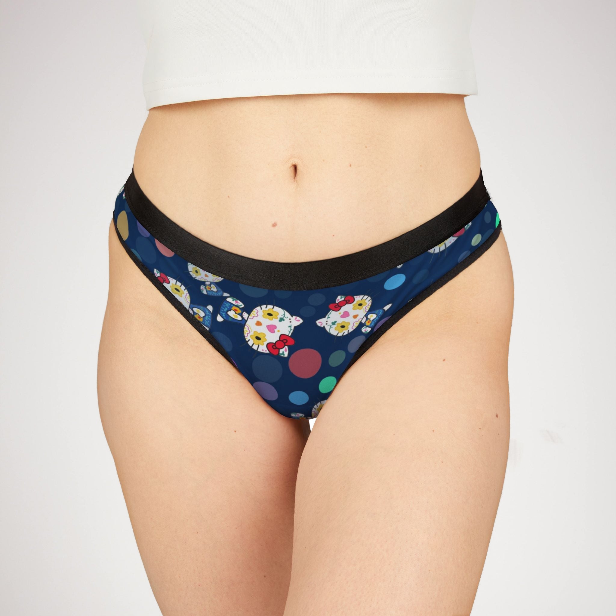 Women's thongs kitty flower polka dots blue