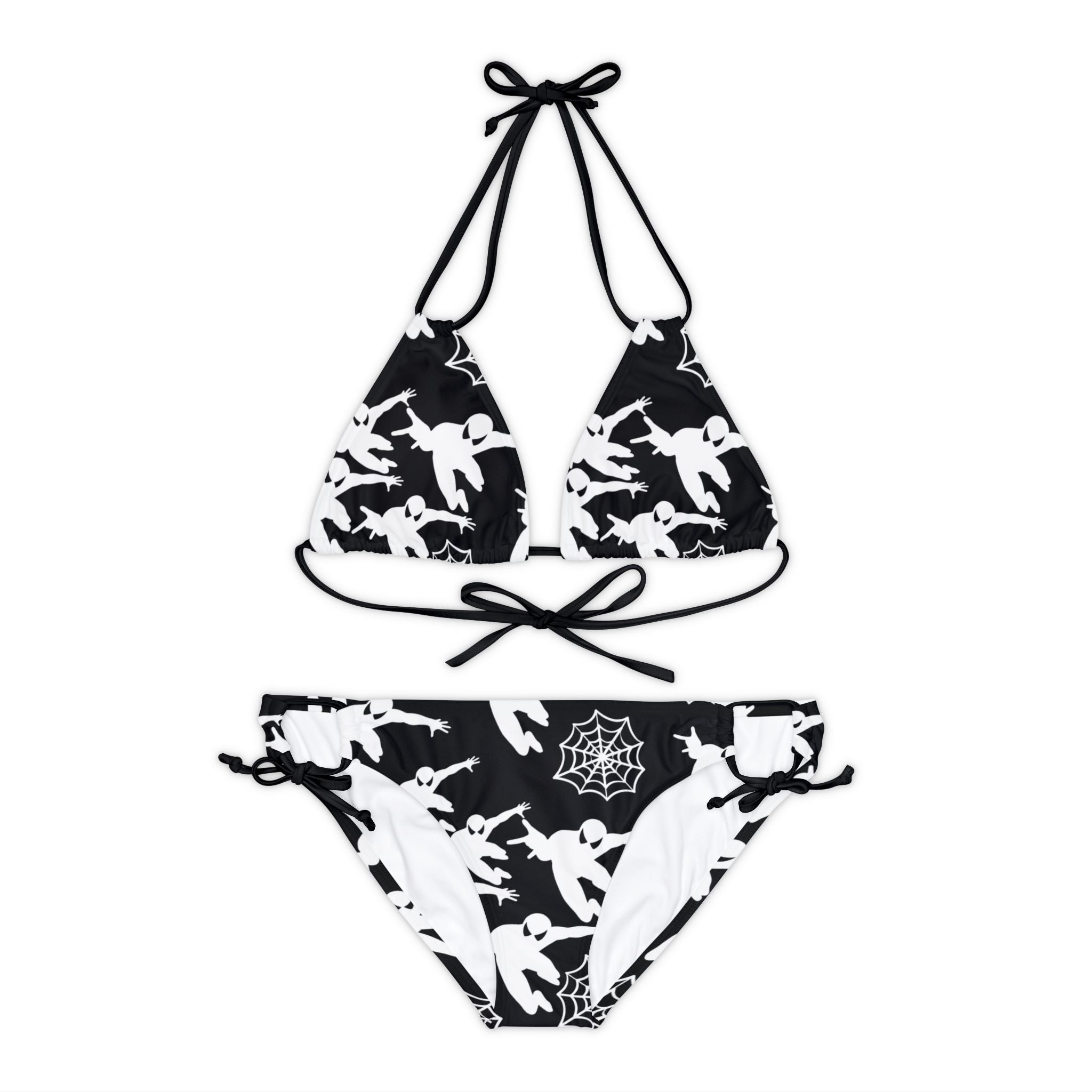 Strappy bikini set spiderman web plain black