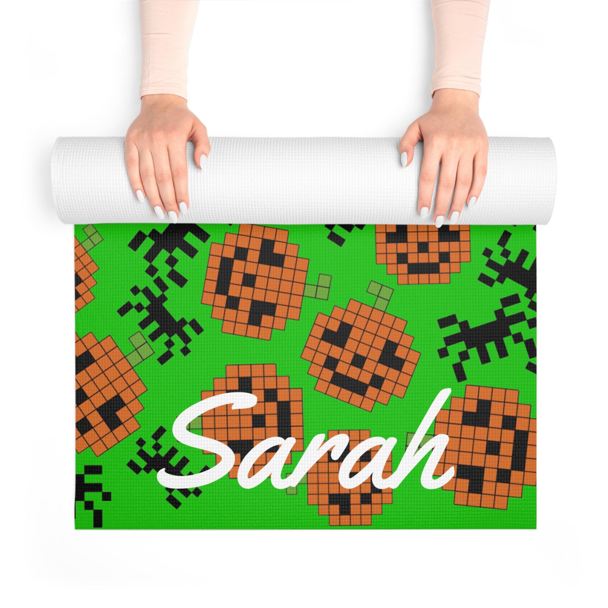 Custom name foam yoga mat pumpkin spider pixel halloween green