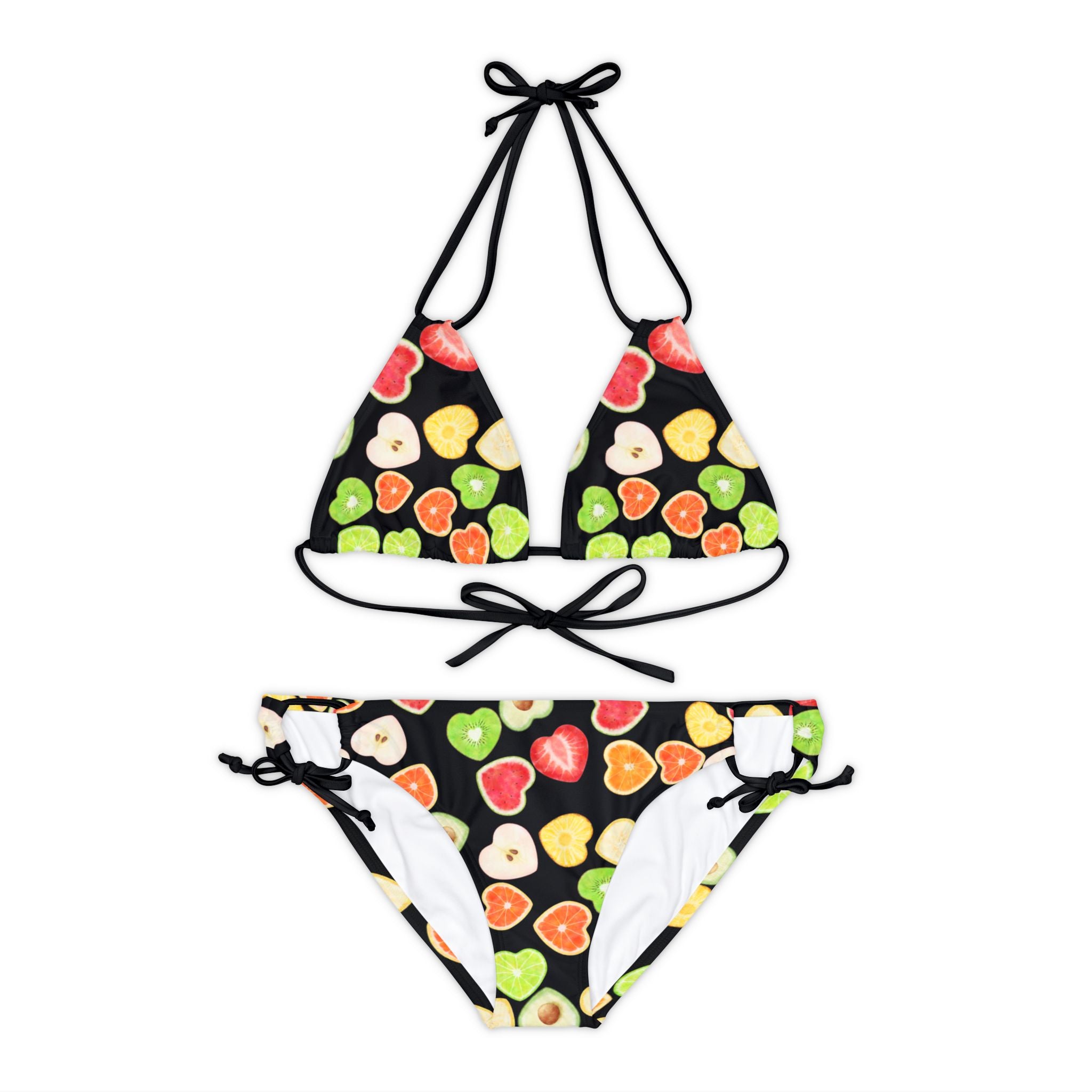 Strappy bikini set heart fruits black