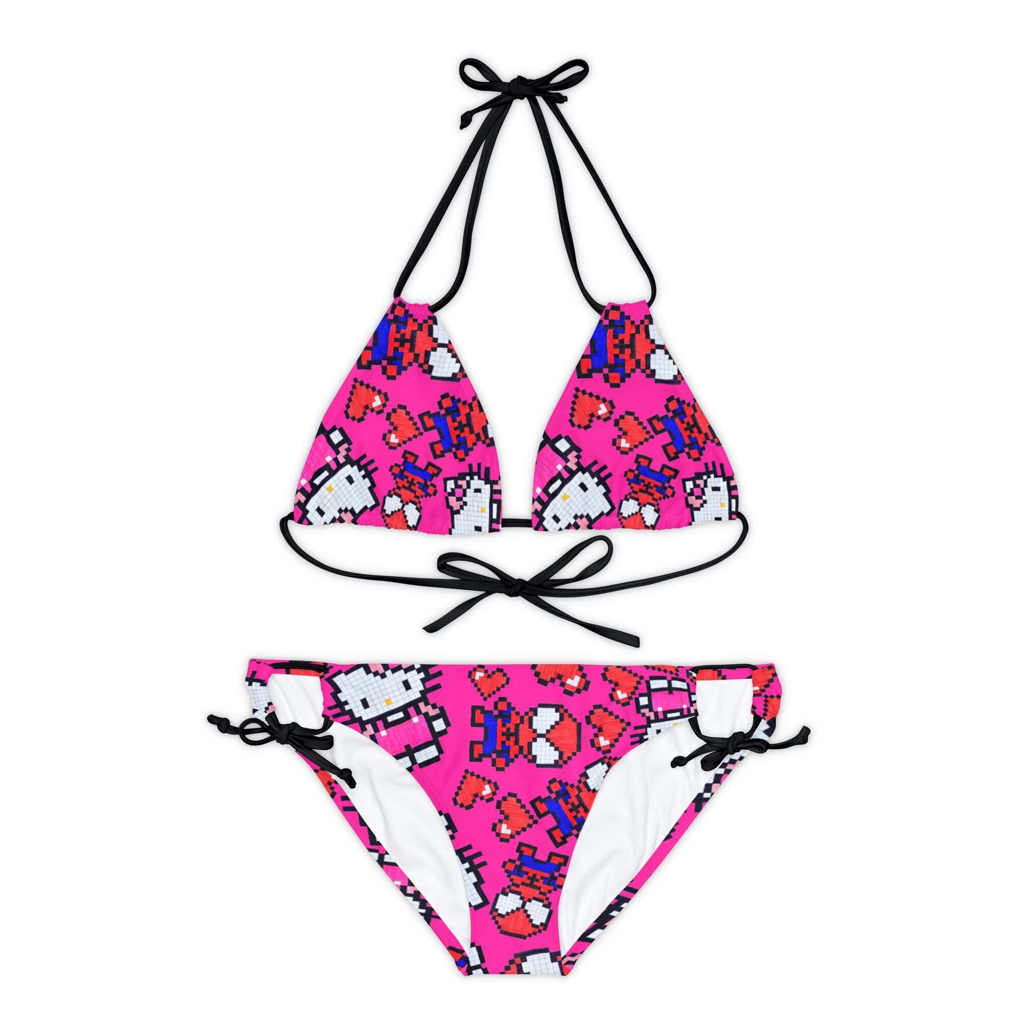 Strappy bikini set spider kitty pixel heart character love valentine pink