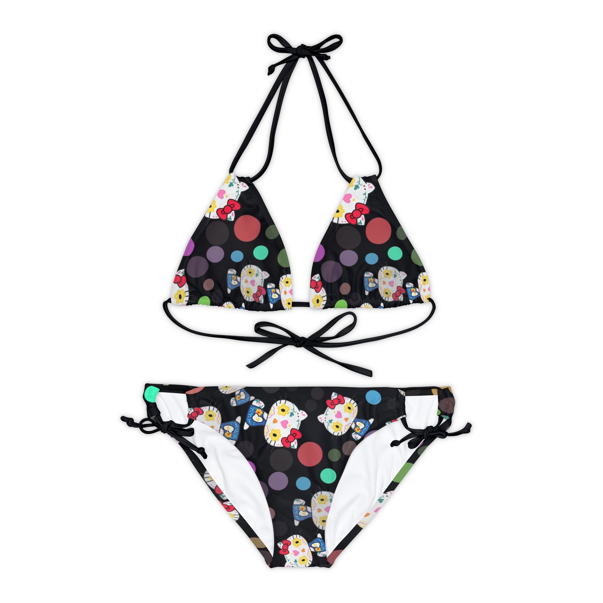 Strappy bikini set kitty flower polka dots black