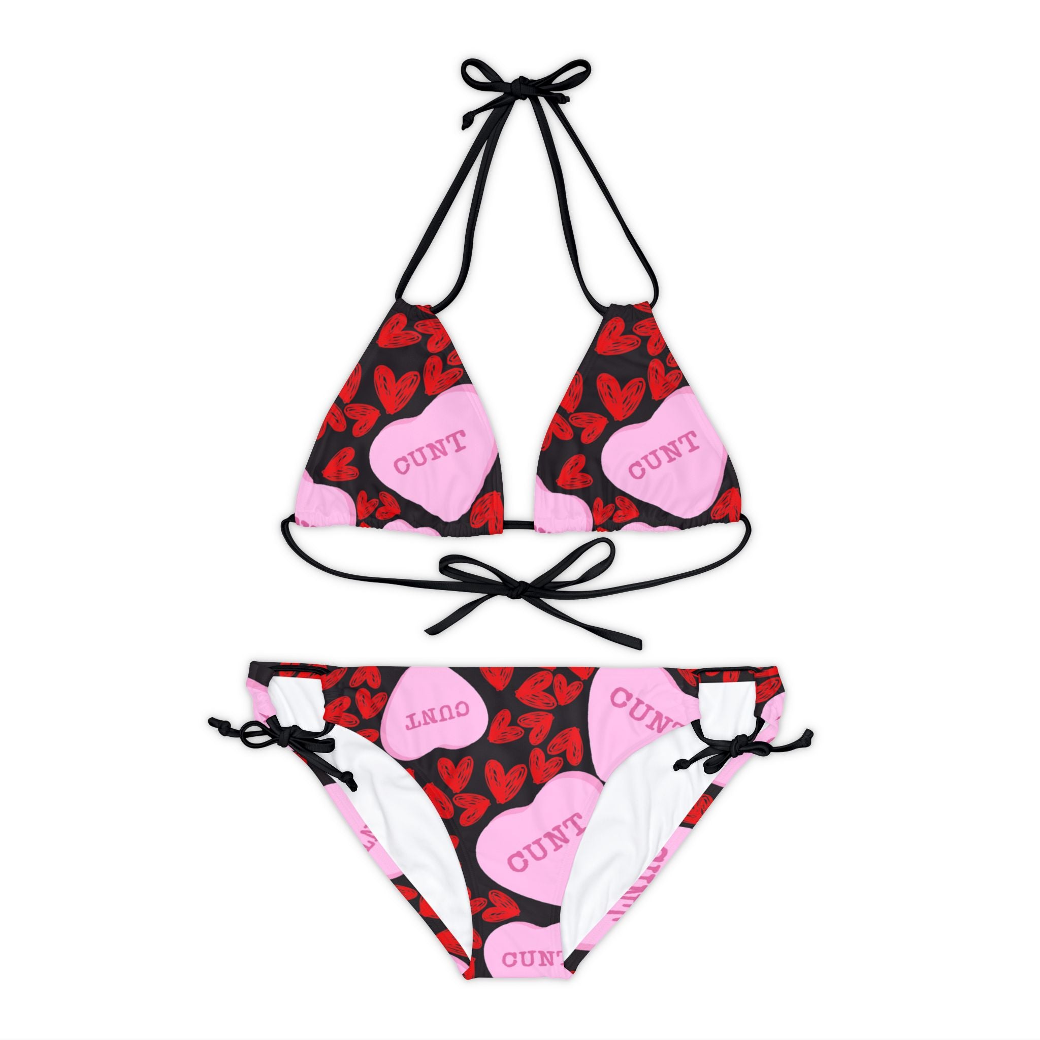 Strappy bikini set cunt candy heart shape message black