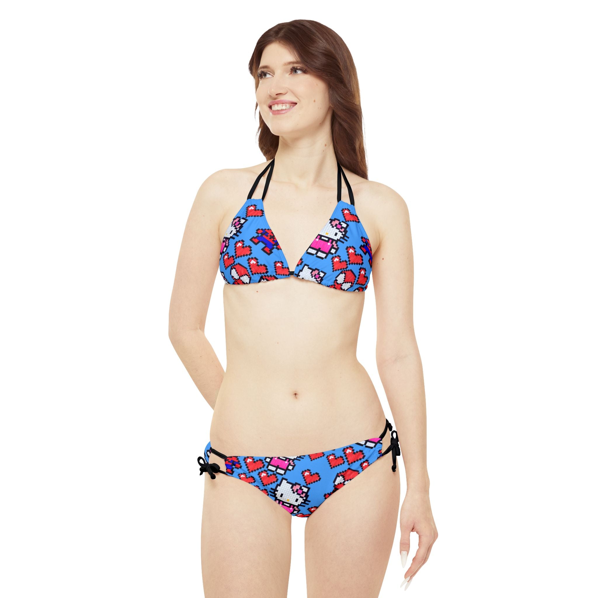 Strappy bikini set spider kitty pixel heart love valentine cyan