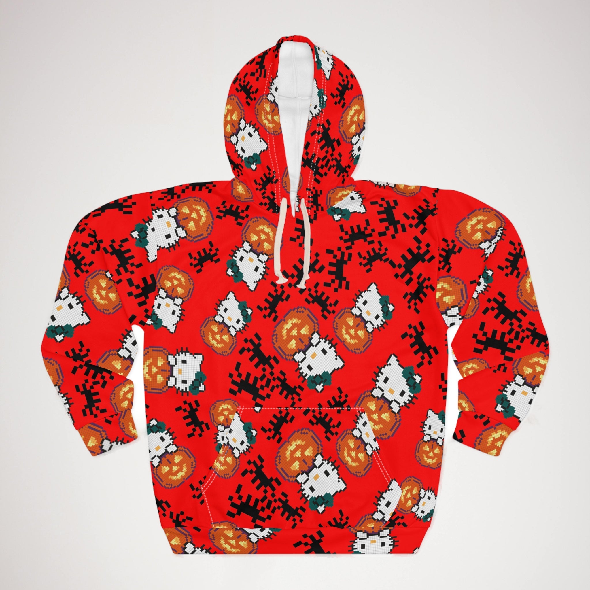 Unisex pullover hoodie kitty pumpkin Halloween pixel spider red