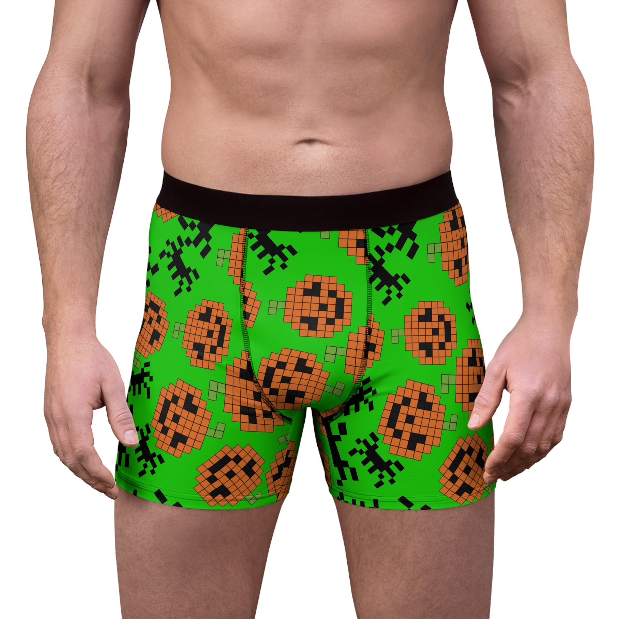 Men's boxer briefs pumpkin spider pixel halloween green