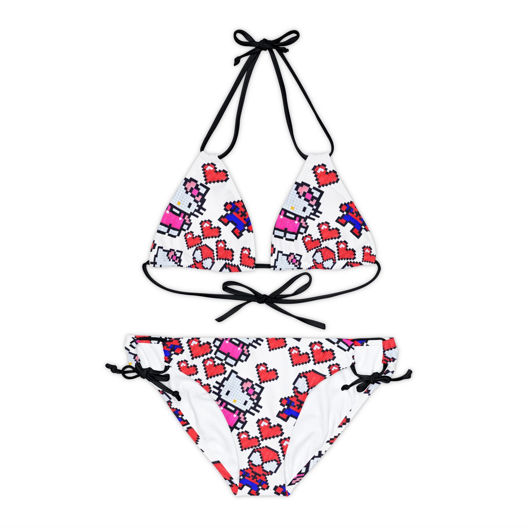 Strappy bikini set spider kitty pixel heart love valentine white