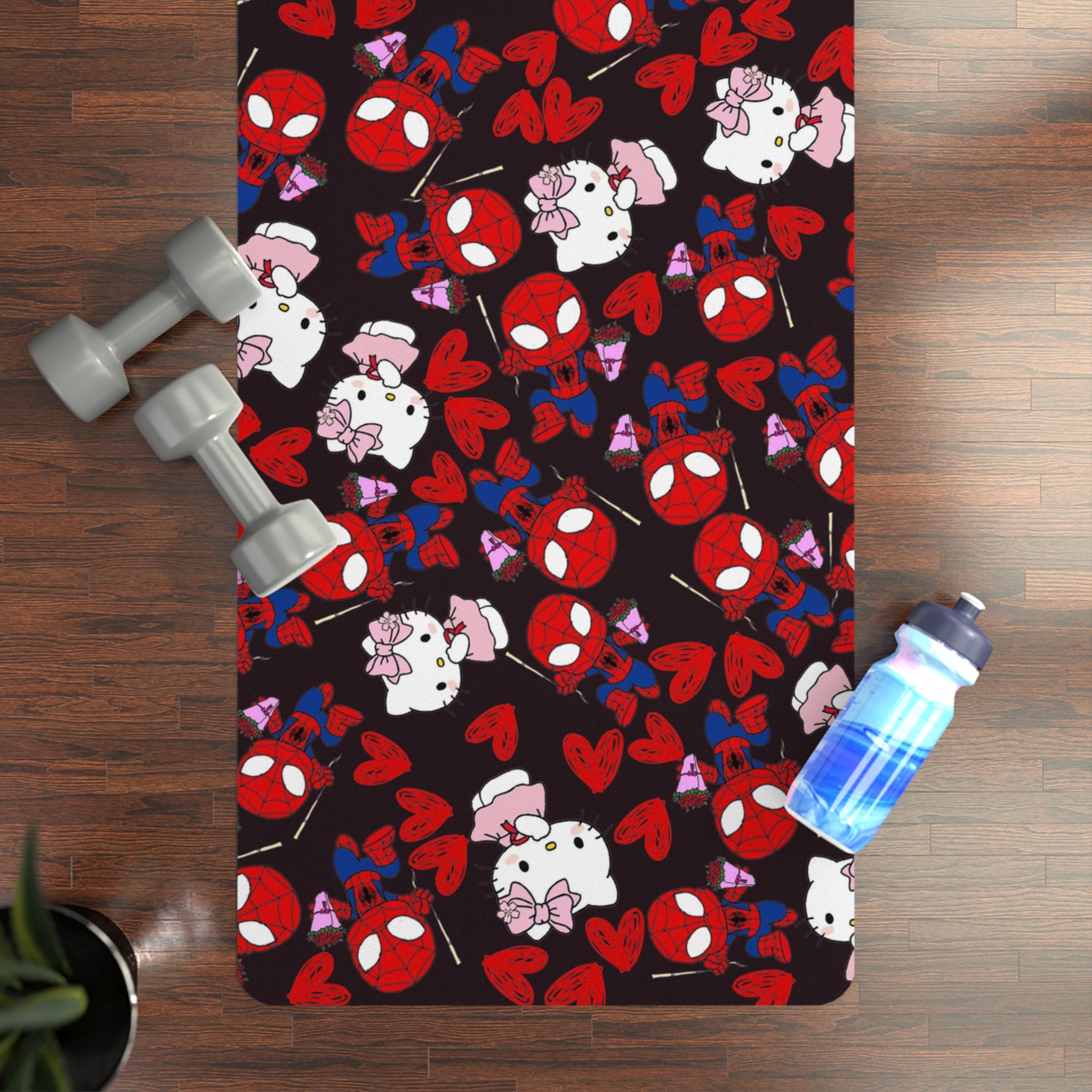 Rubber yoga mat spider kitty flower black