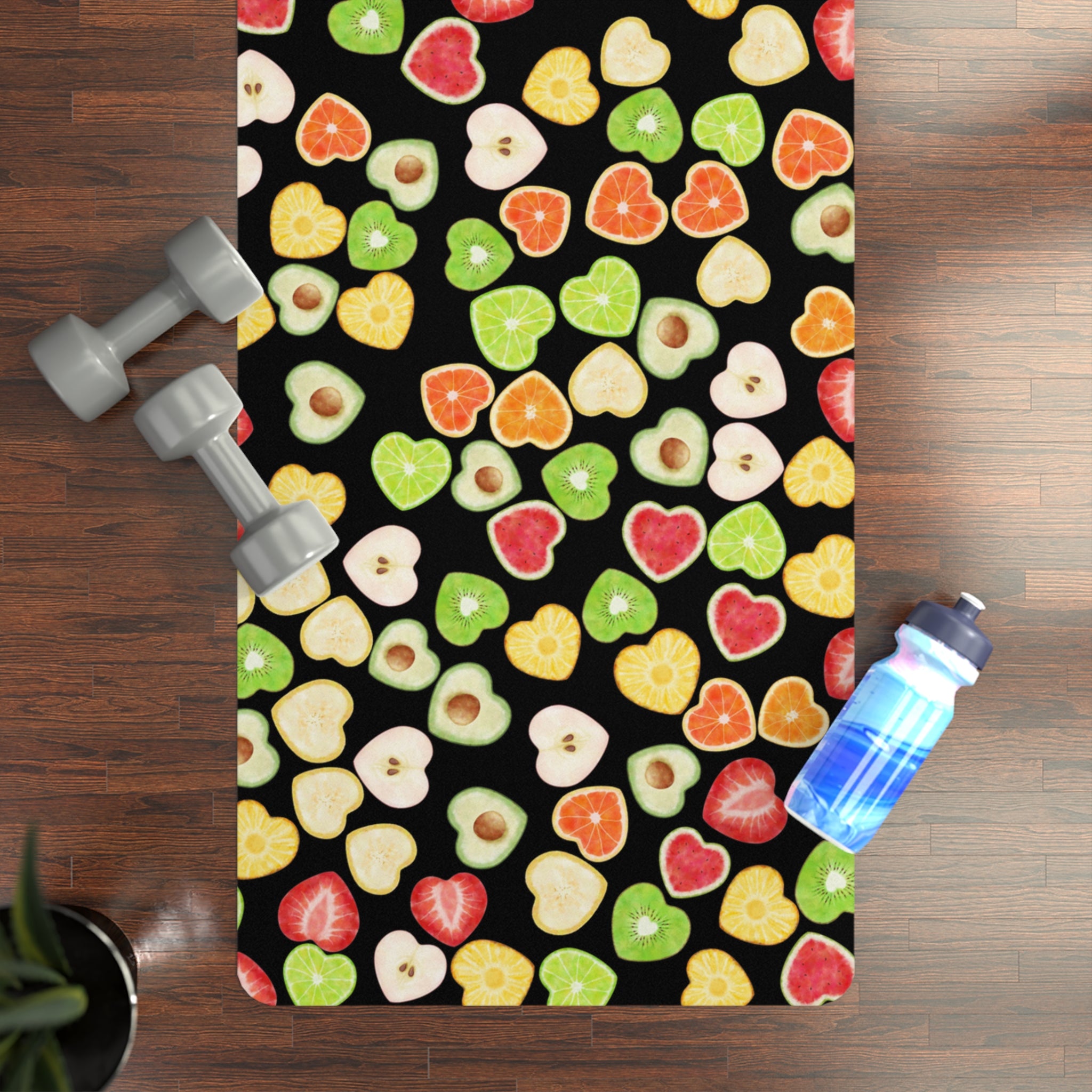 Rubber yoga mat heart fruits black