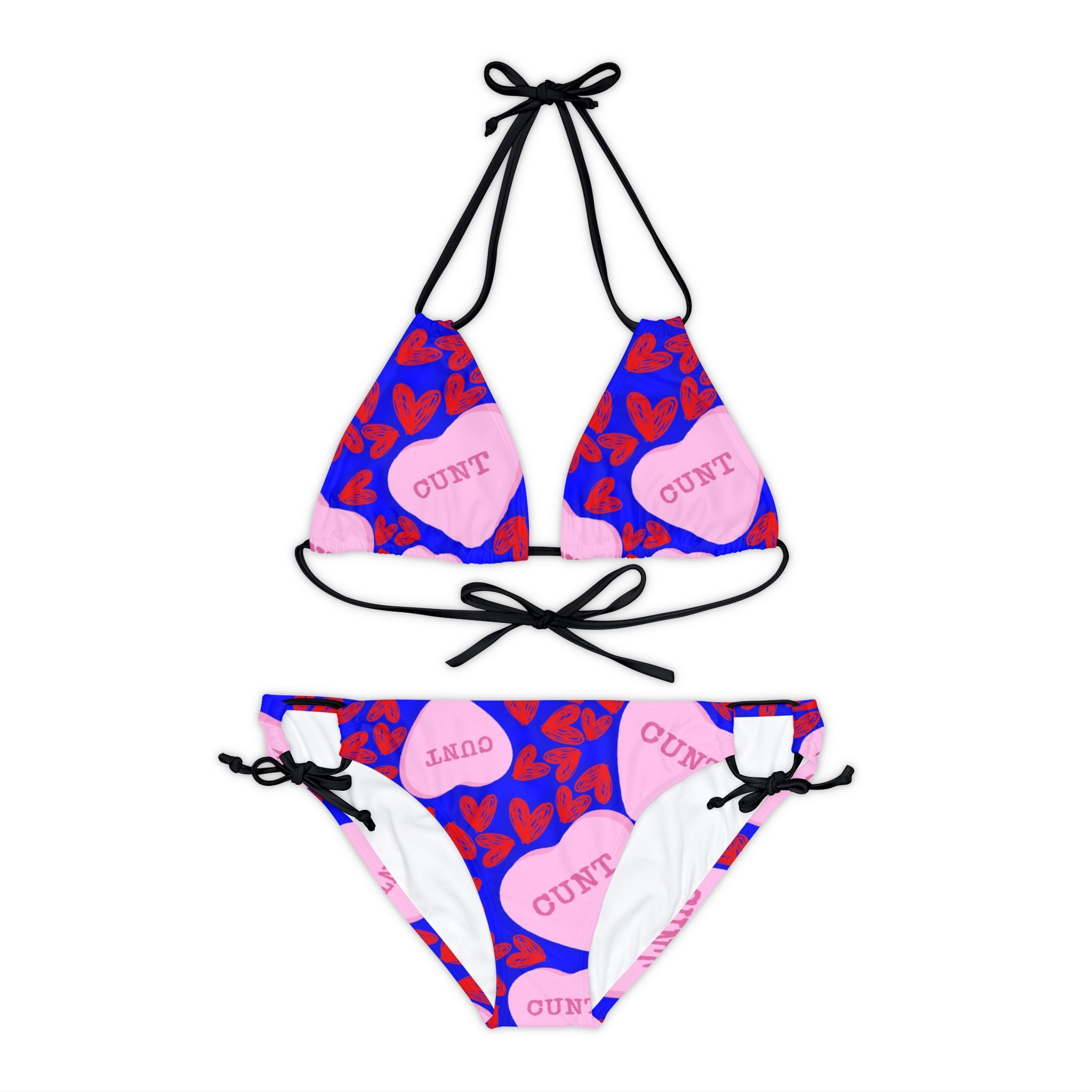 Strappy bikini set cunt candy heart shape message blue