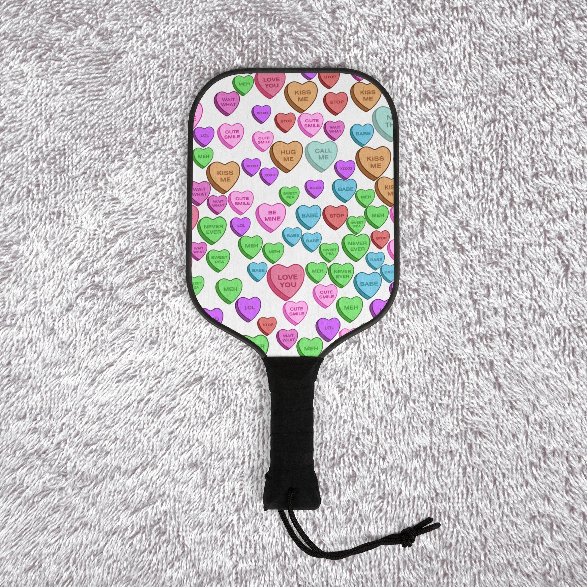 Pickleball kit (2 paddles + 2 balls + transparent bag) candy heart sweet valentine message white