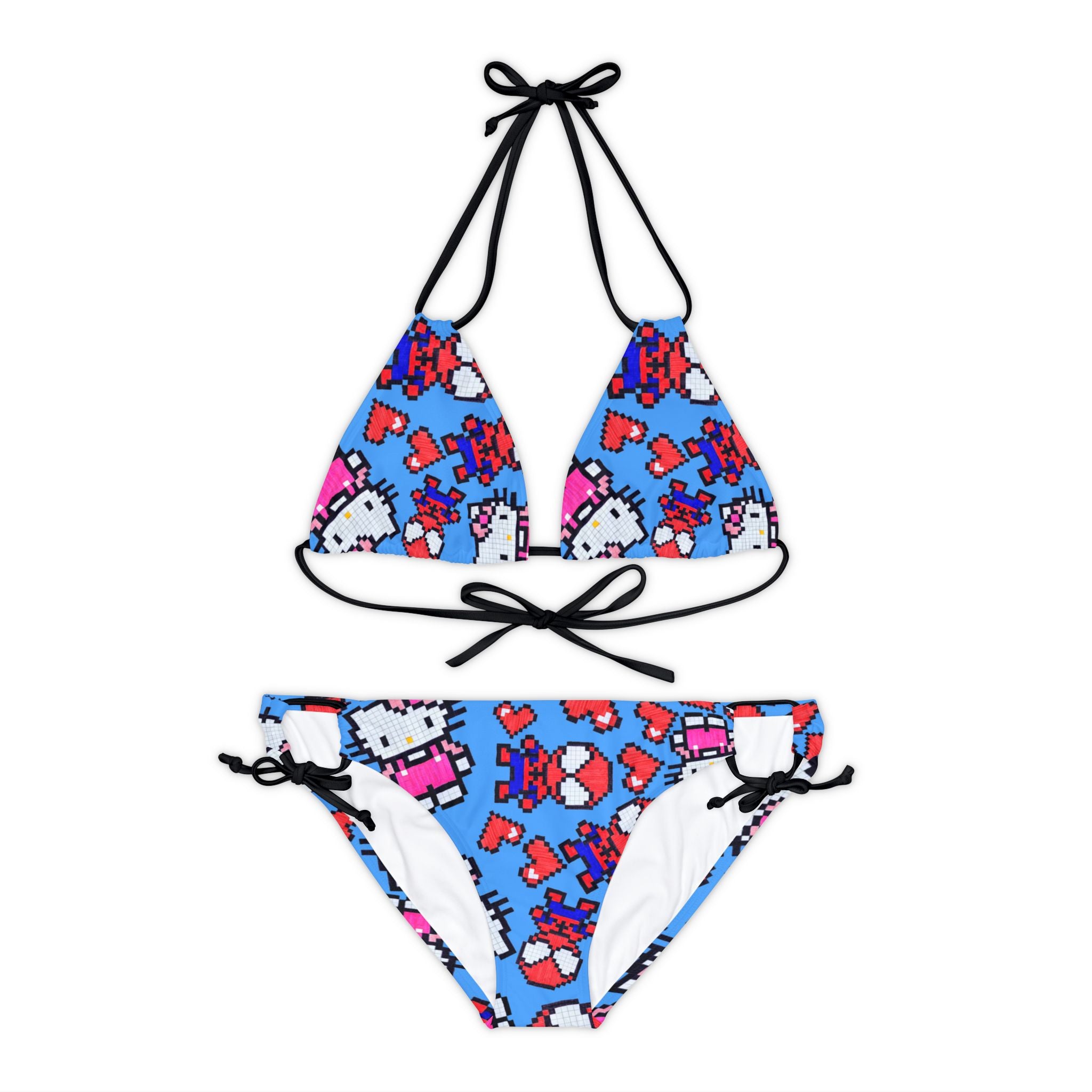 Strappy bikini set spider kitty pixel heart character love valentine cyan