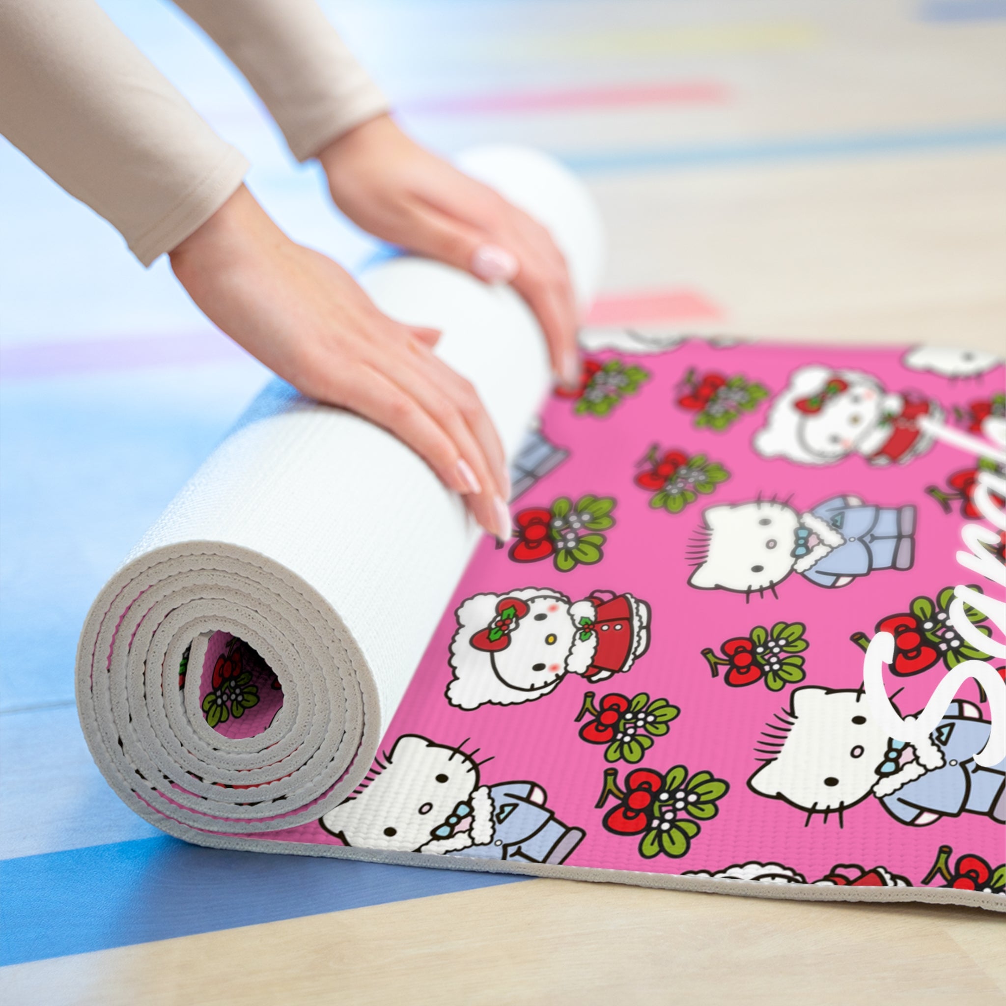 Custom name foam yoga mat kitty wedding valentine pink