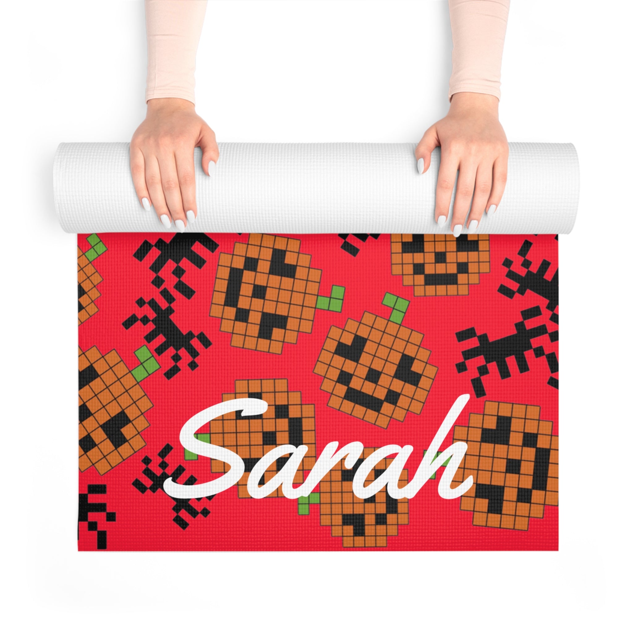 Custom name foam yoga mat pumpkin spider pixel halloween red