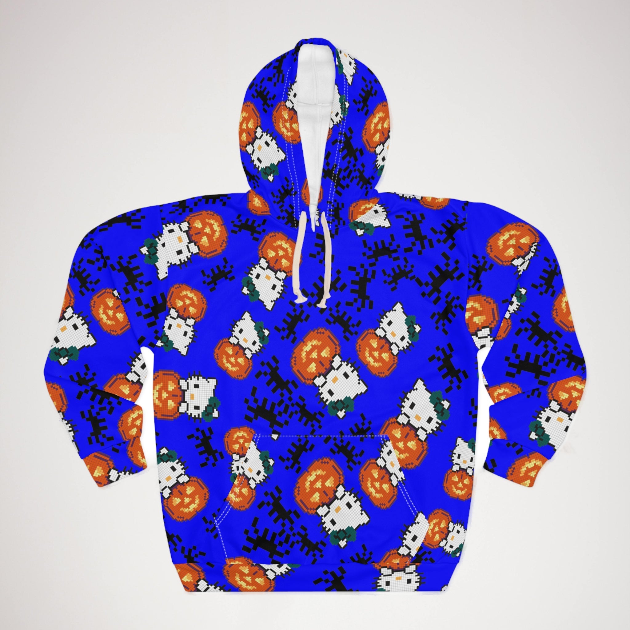 Unisex pullover hoodie kitty pumpkin Halloween pixel spider blue