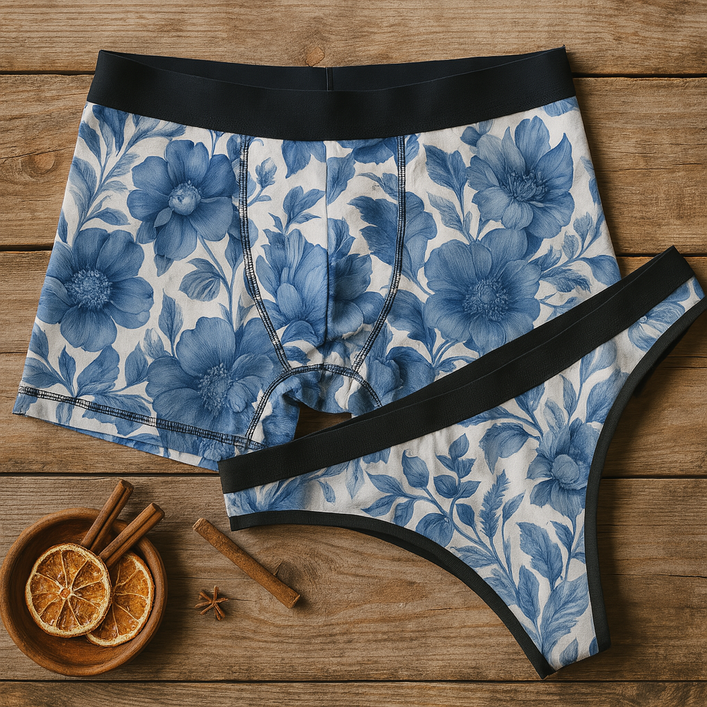 Matching underwear Blue French Toile for couples boxer & thong set