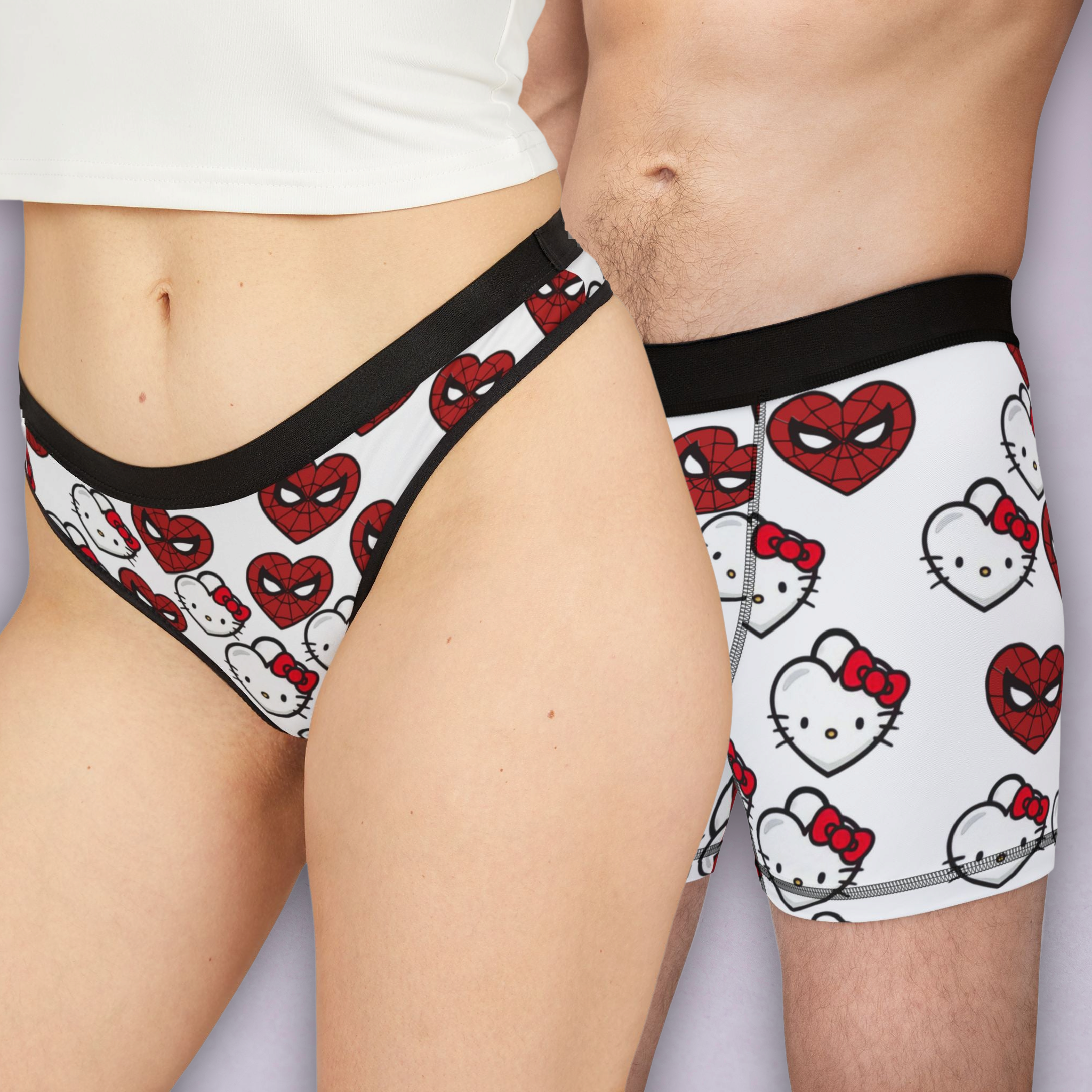 Couples matching  kitty spider heart shape white character underwear set boxer and thong