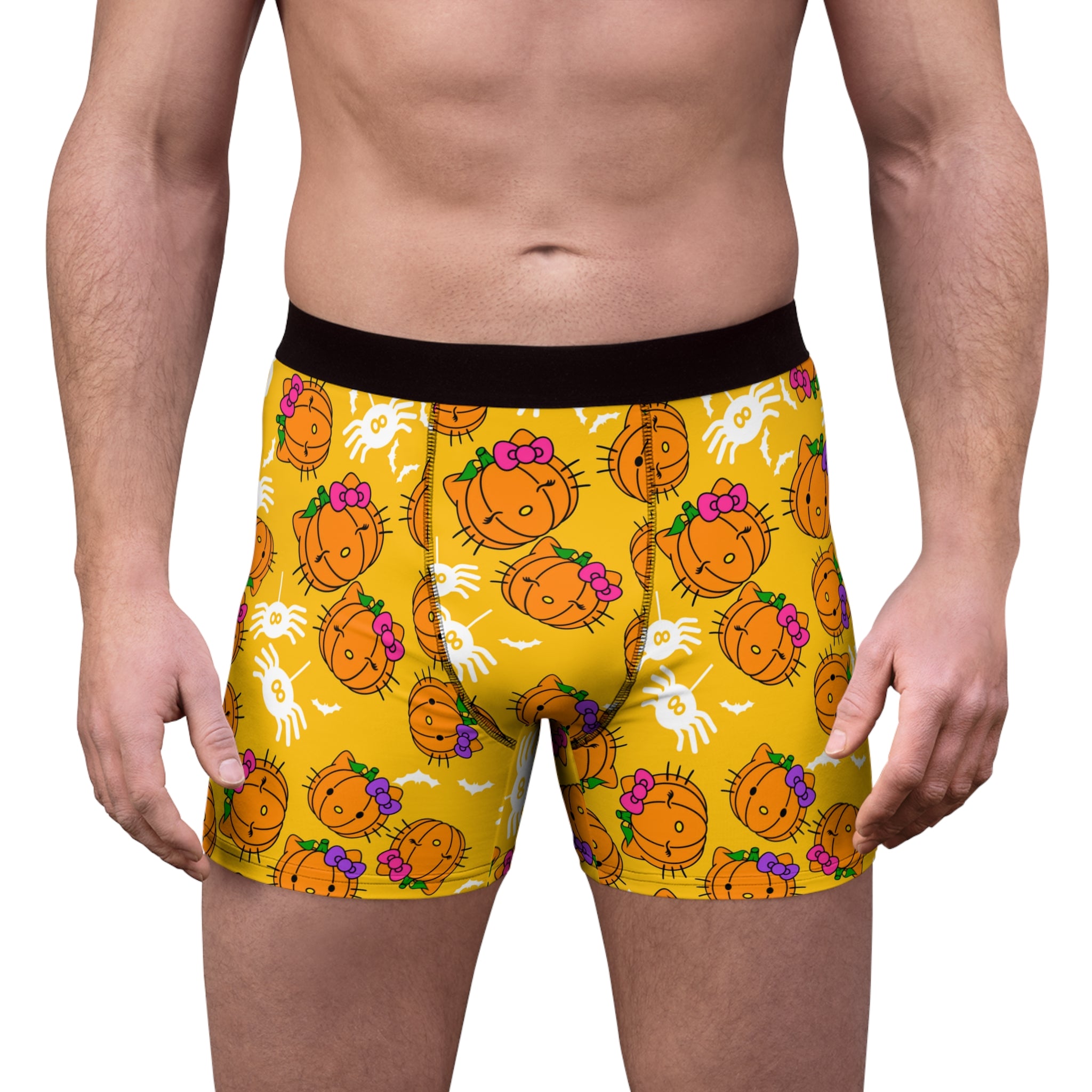 Men's boxer briefs double pumpkin kitty Halloween yellow