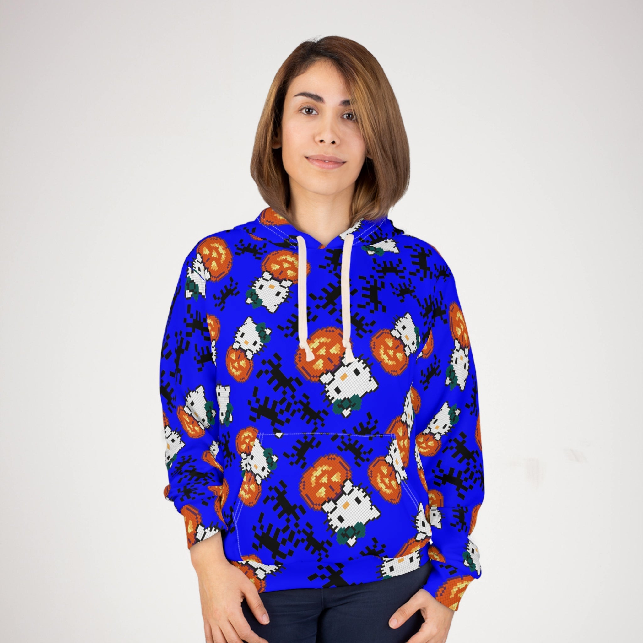 Unisex pullover hoodie kitty pumpkin Halloween pixel spider blue