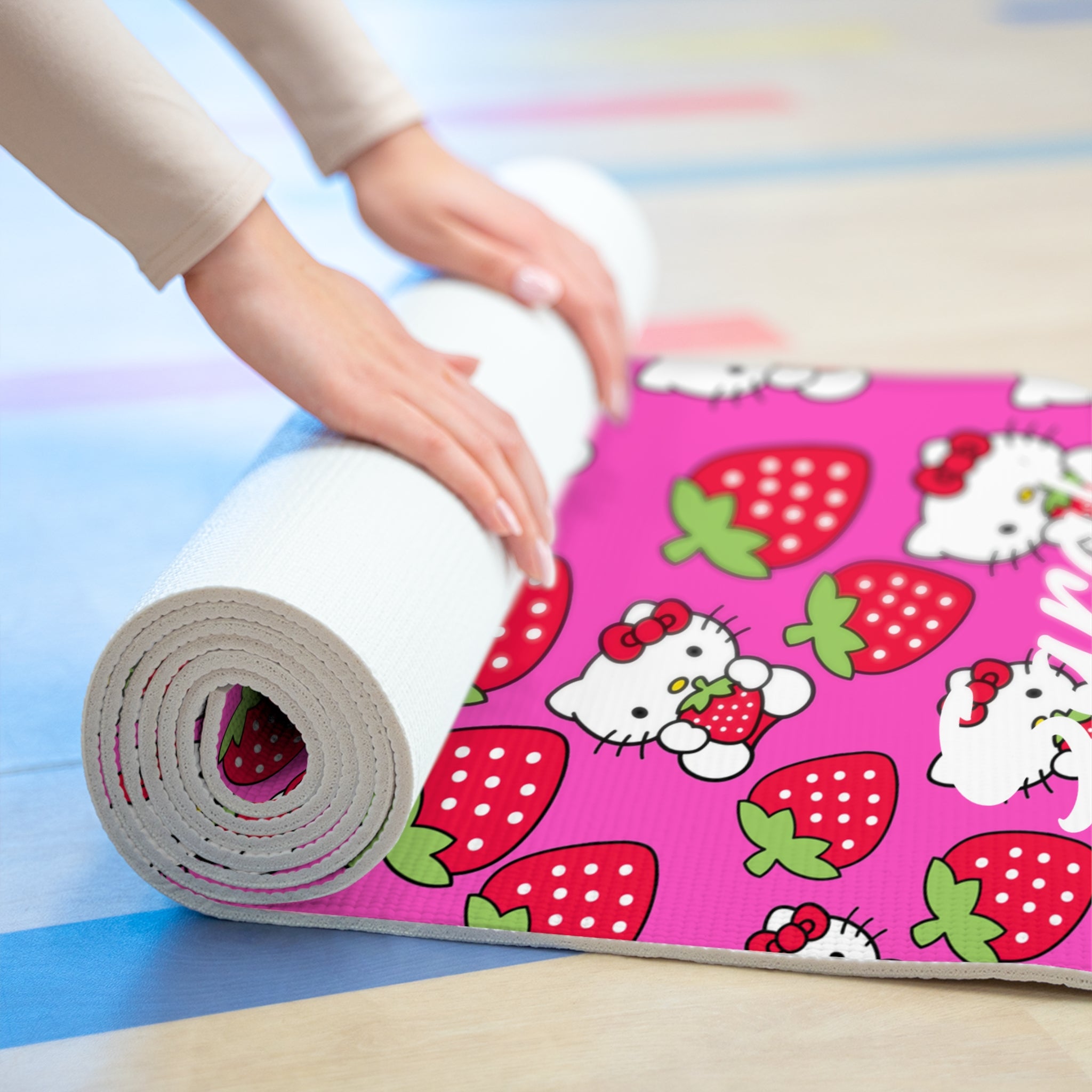 Custom name foam yoga mat kitty strawberry valentine love pink