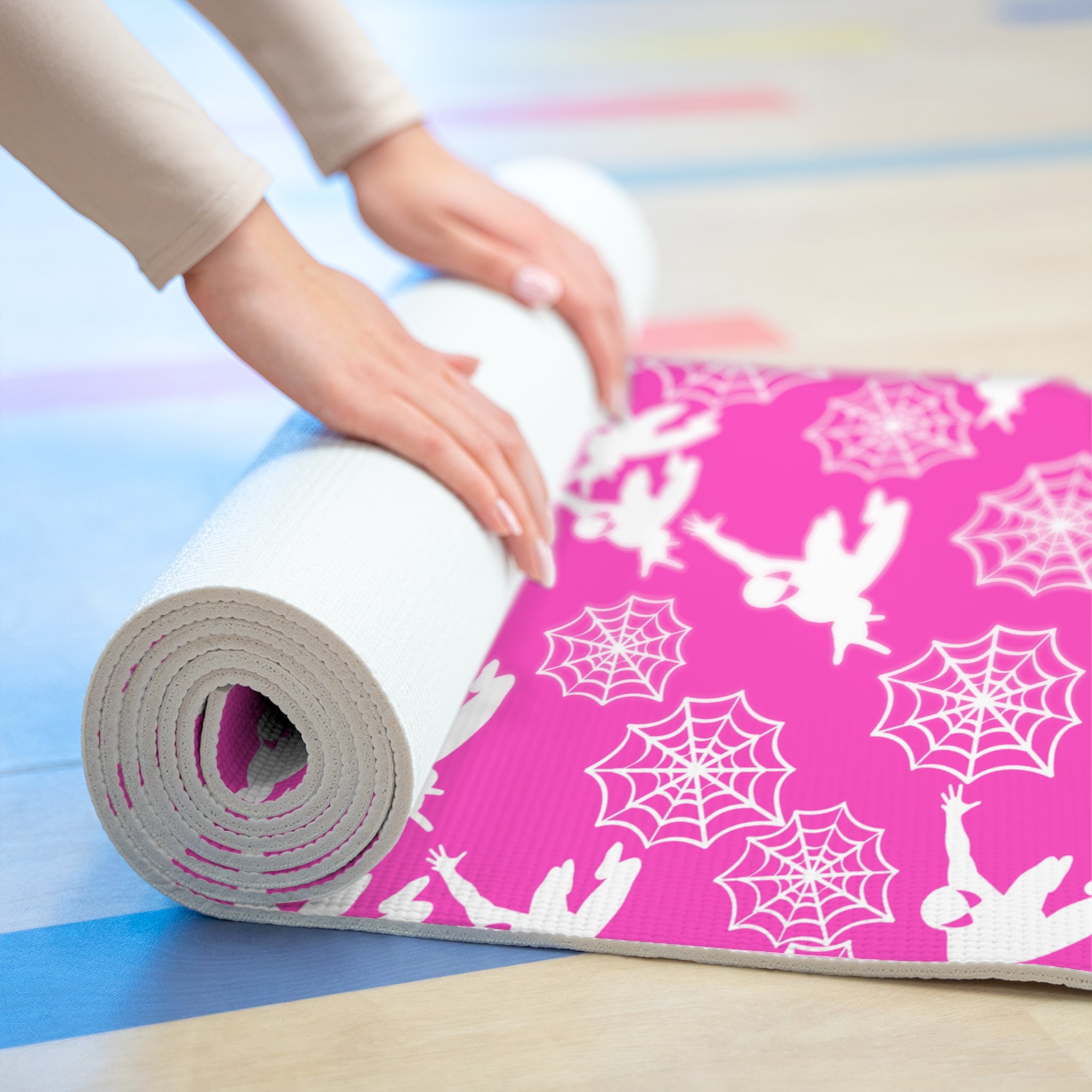 Foam yoga mat spiderman web plain pink