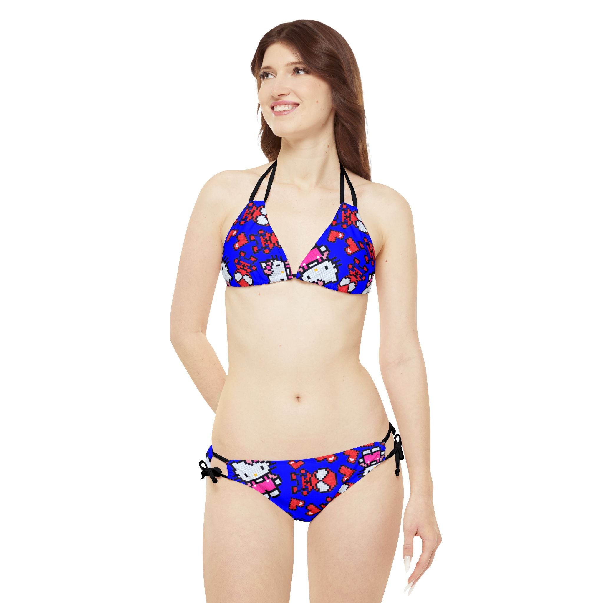 Strappy bikini set spider kitty pixel heart character love valentine blue