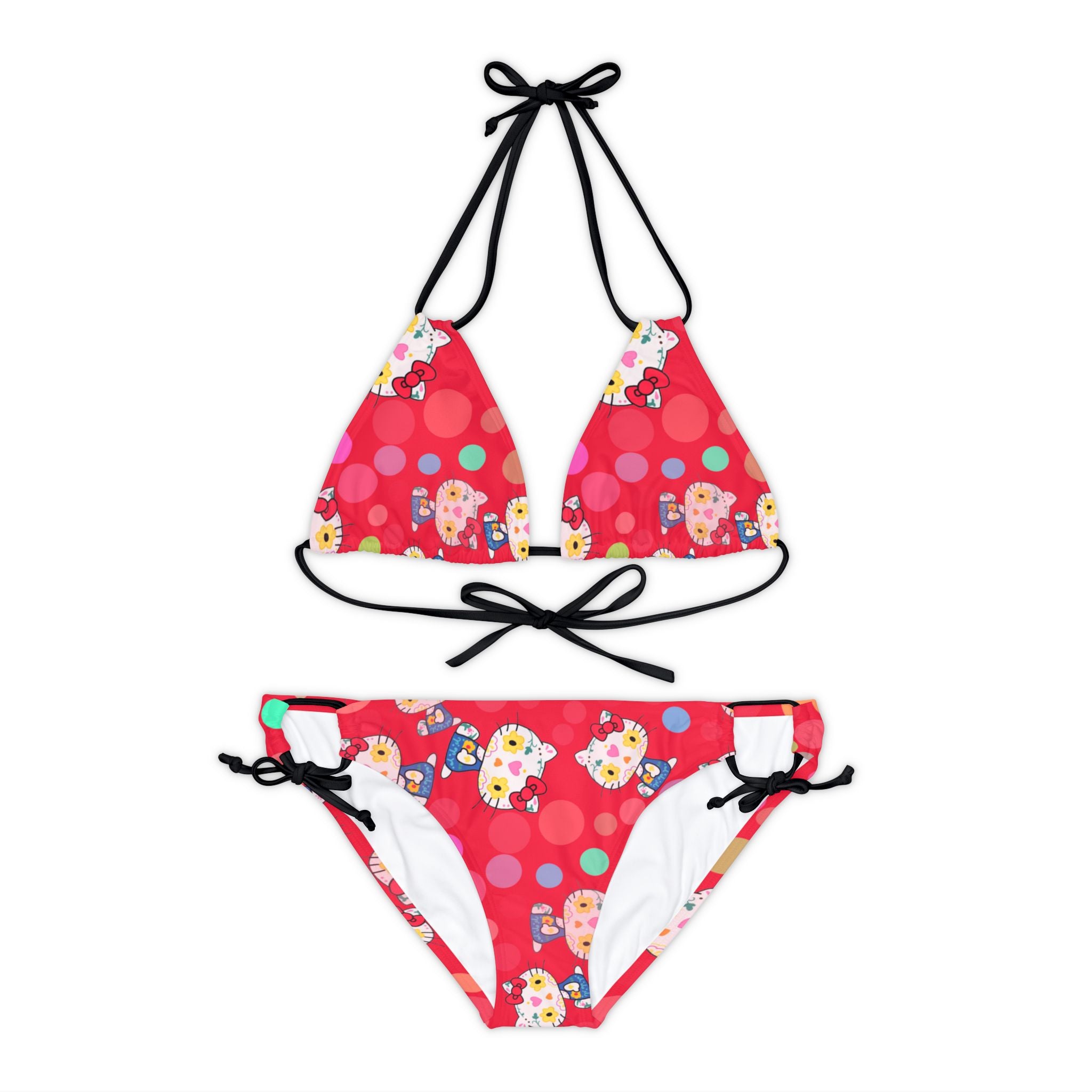 Strappy bikini set kitty flower polka dots red